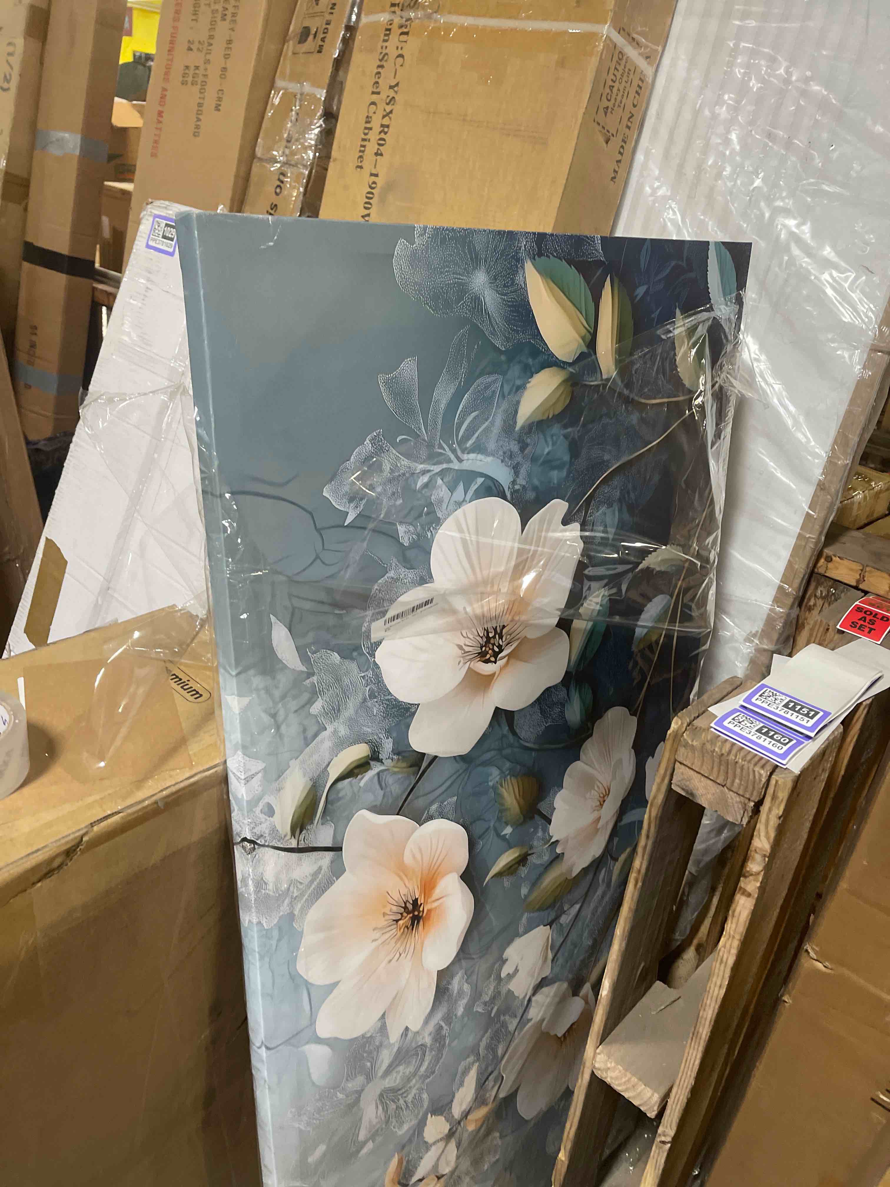 Condition photo showing New/Like New for Large White Flower Wall Art with Blue Background Elegant Flower Framed Floral Canvas Print for Living Room, Bedroom, Dining Room, Home Office Modern Ready to Hang Home Decor - 30"x60"