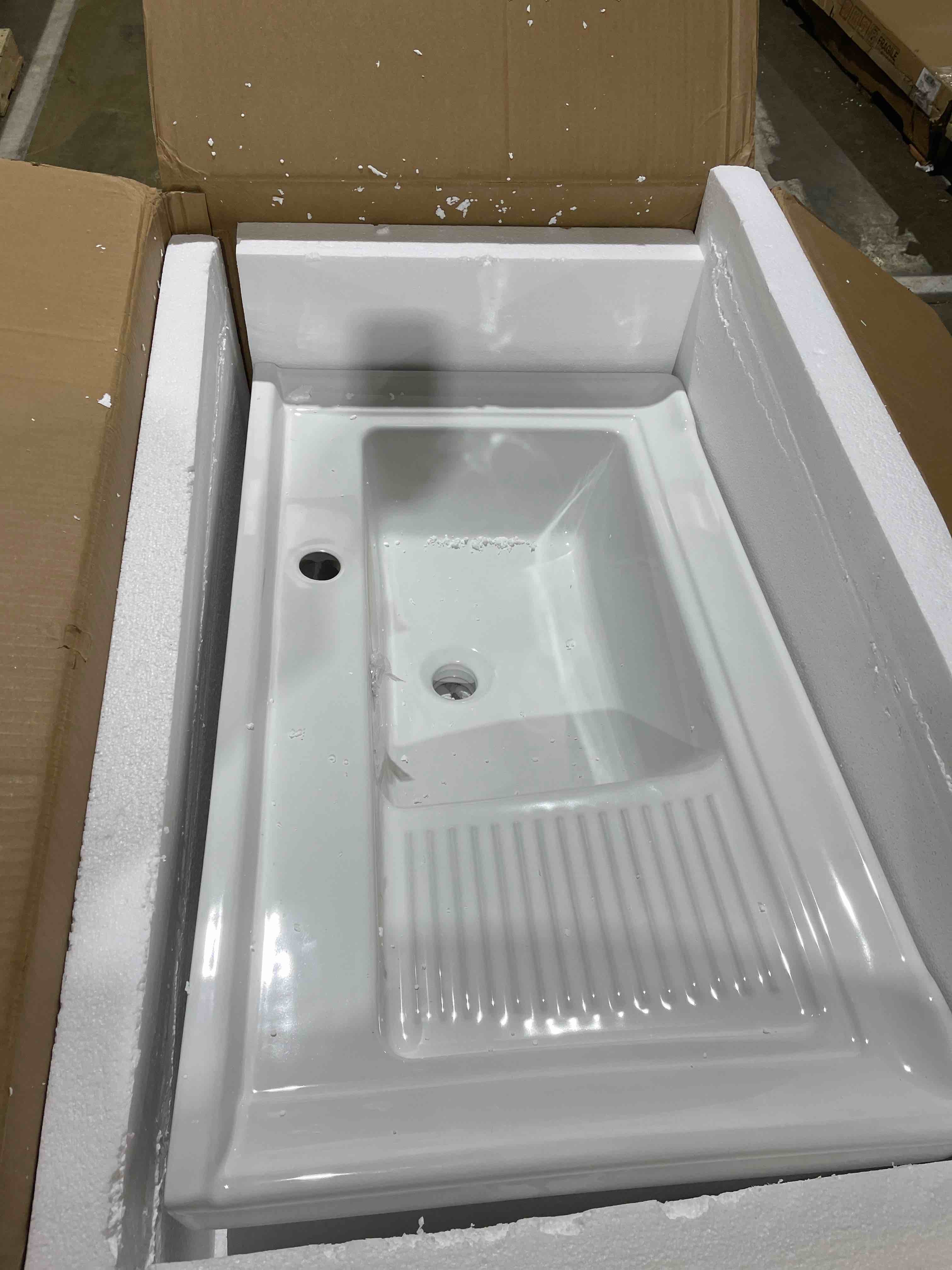 Condition photo showing New/Like New for Eridanus 32" x 18.5" Bathroom Console Sink, Utility Laundry Sink with Integrated Fluted Washboard, Ceramic Basin with Stainless Steel Matte Black Freestanding Frame, Open Storage Shelf Included