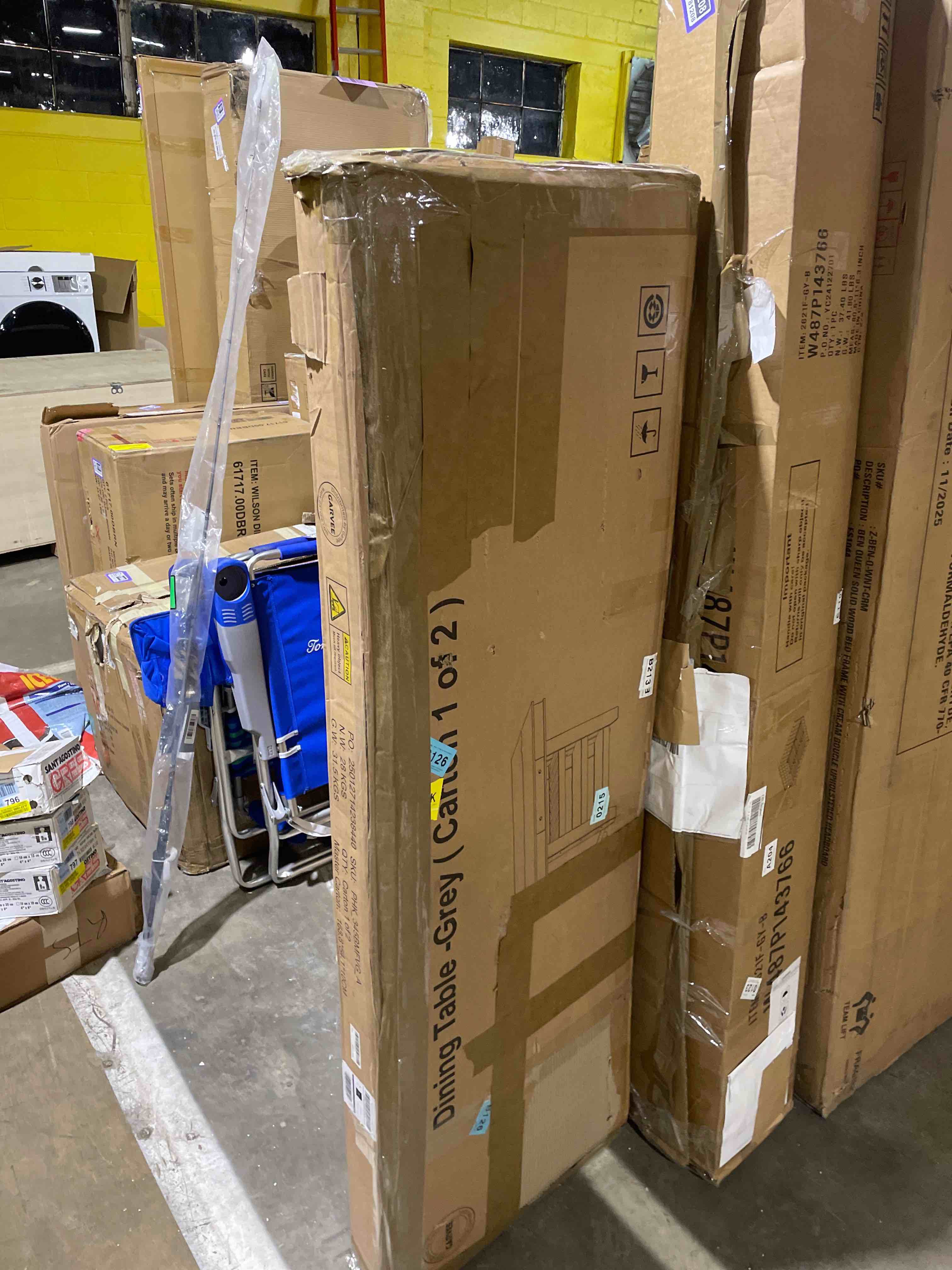 Condition photo showing As Is for 60" Counter Height Dining Table for 4, Farmhouse Rectangular Tall Bar Height Kitchen Dining Table & Thick Table Top, with Deepened Wine Rack & Shelves for Kitchen, Bar,Retro Gray (only box 1 of 2 ) 