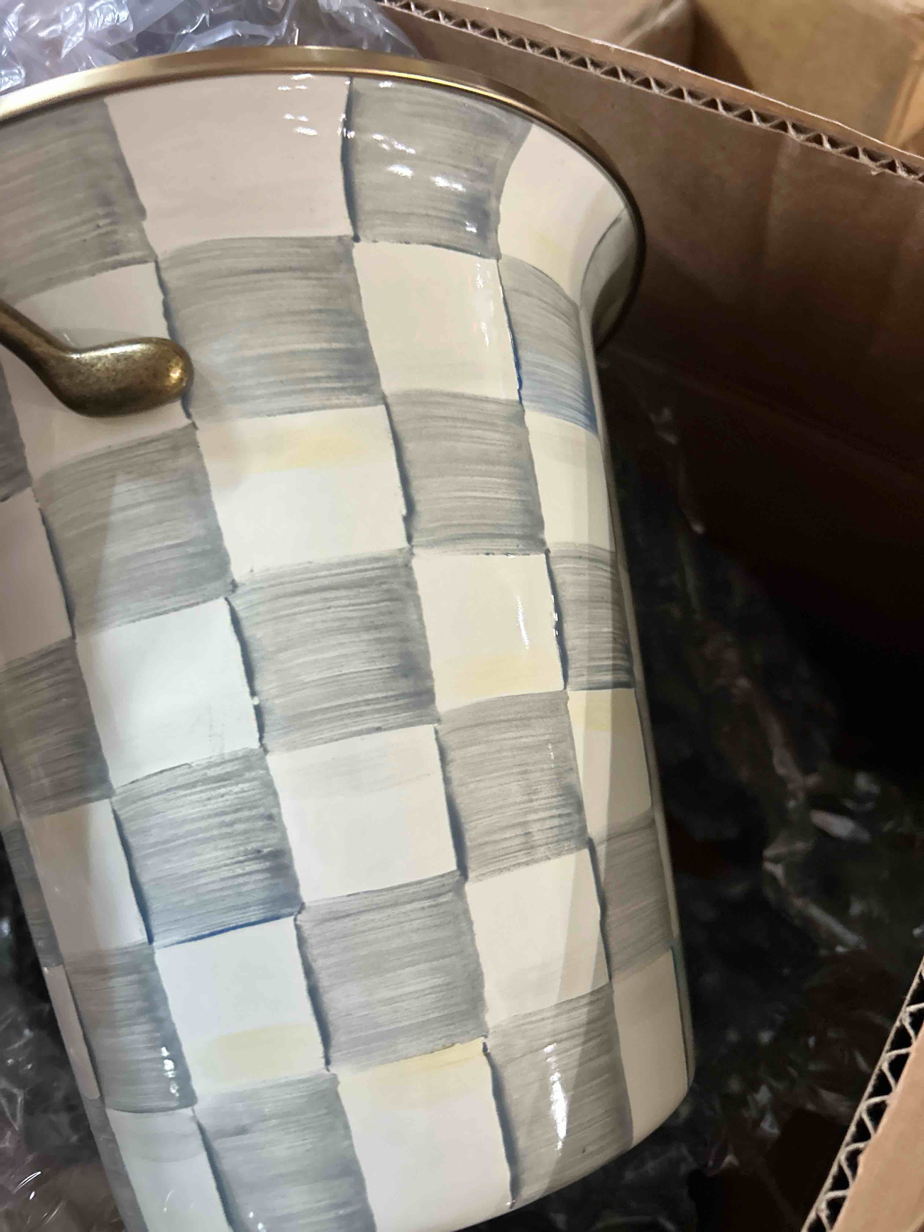 Condition photo showing New/Like New for MACKENZIE-CHILDS Wine Cooler, Champagne and Wine Bucket, Ice Bucket, Brown-and-White Mocha Check