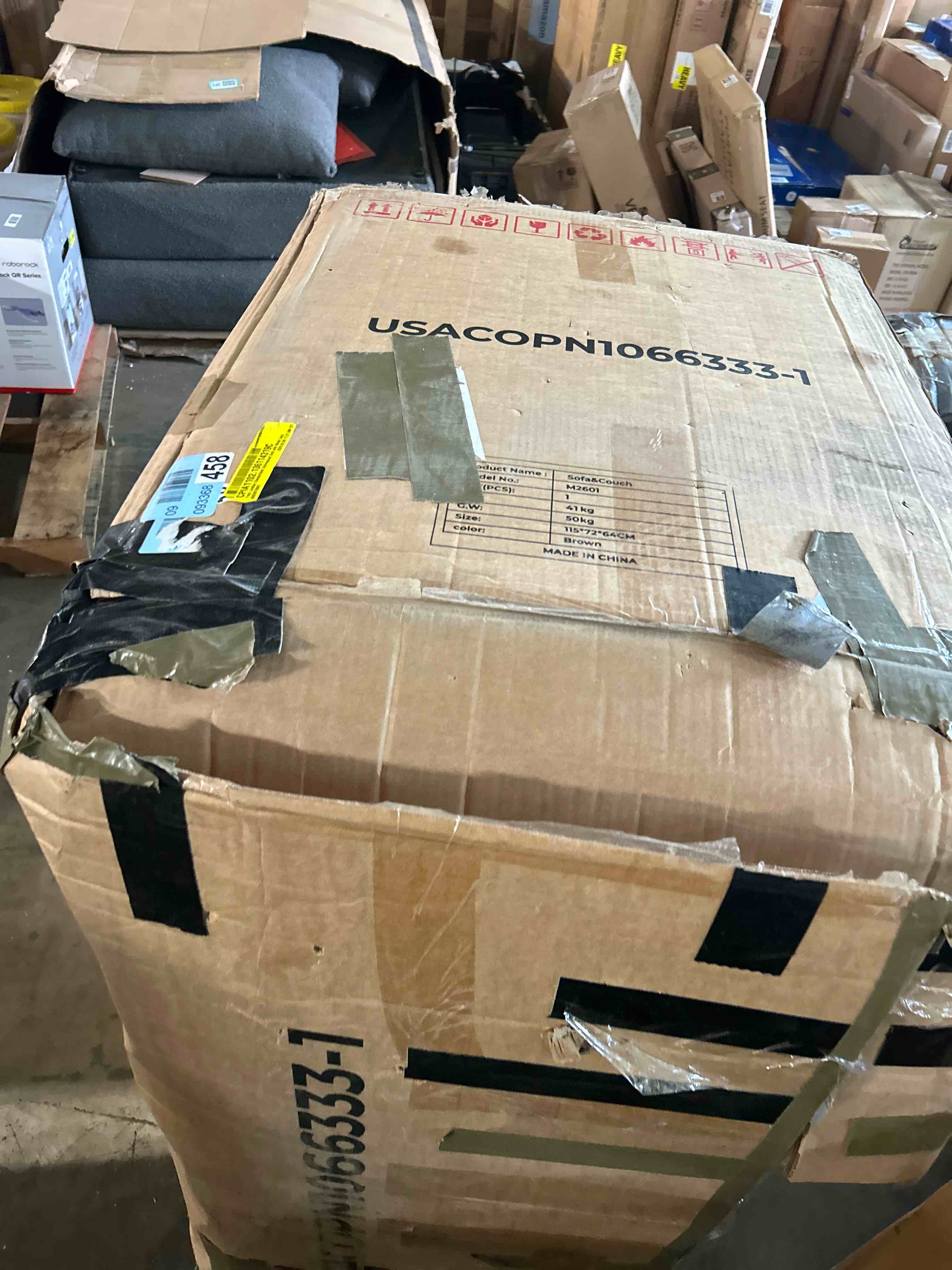 Condition photo showing As Is for Faux Leather Chesterfield Upholstered Sofa with Metal Legs(Damaged Box)