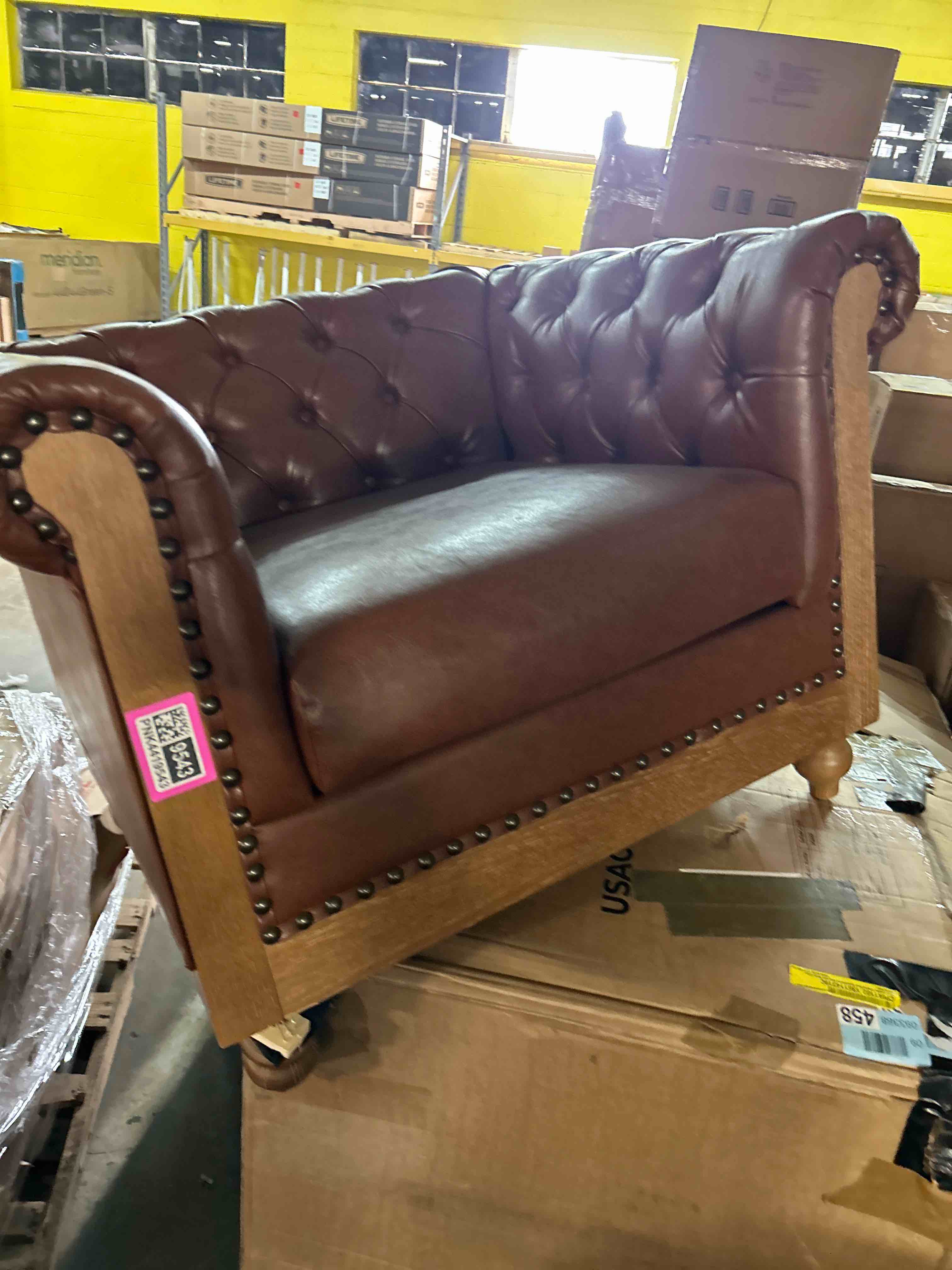 Condition photo showing As Is for Christopher Knight Home Castalia Club Chair, Cognac Brown + Natural(One leg missing and one leg broke )