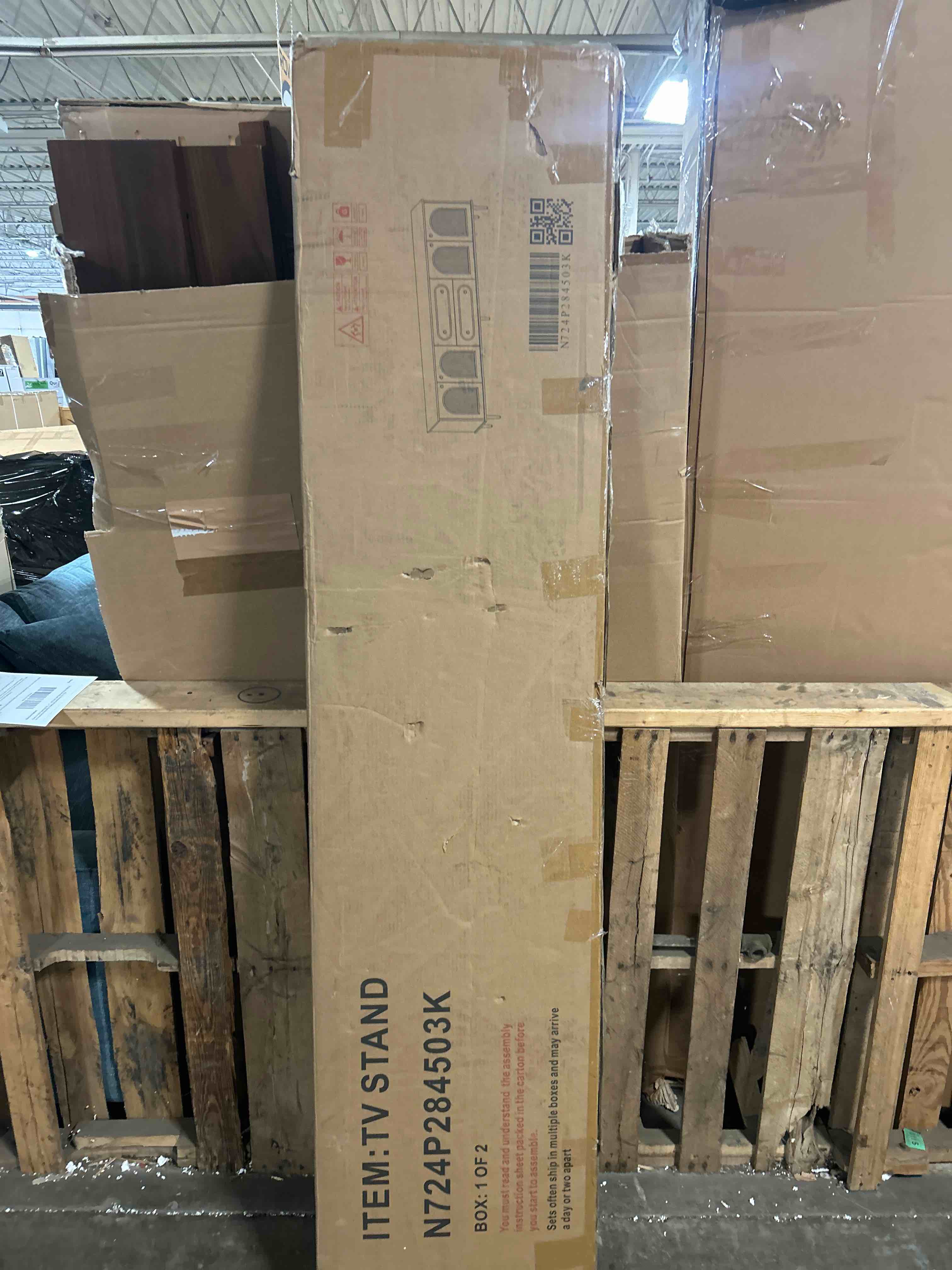Condition photo showing As Is for 78.7'' Modern TV Stand, TV Cabinet with Five Metal Legs and Metal Handles, 2 Drawers and 2 Cabinets with Fluted Glass Doors for Living Room, Up to 80''(This is box 1 of only)