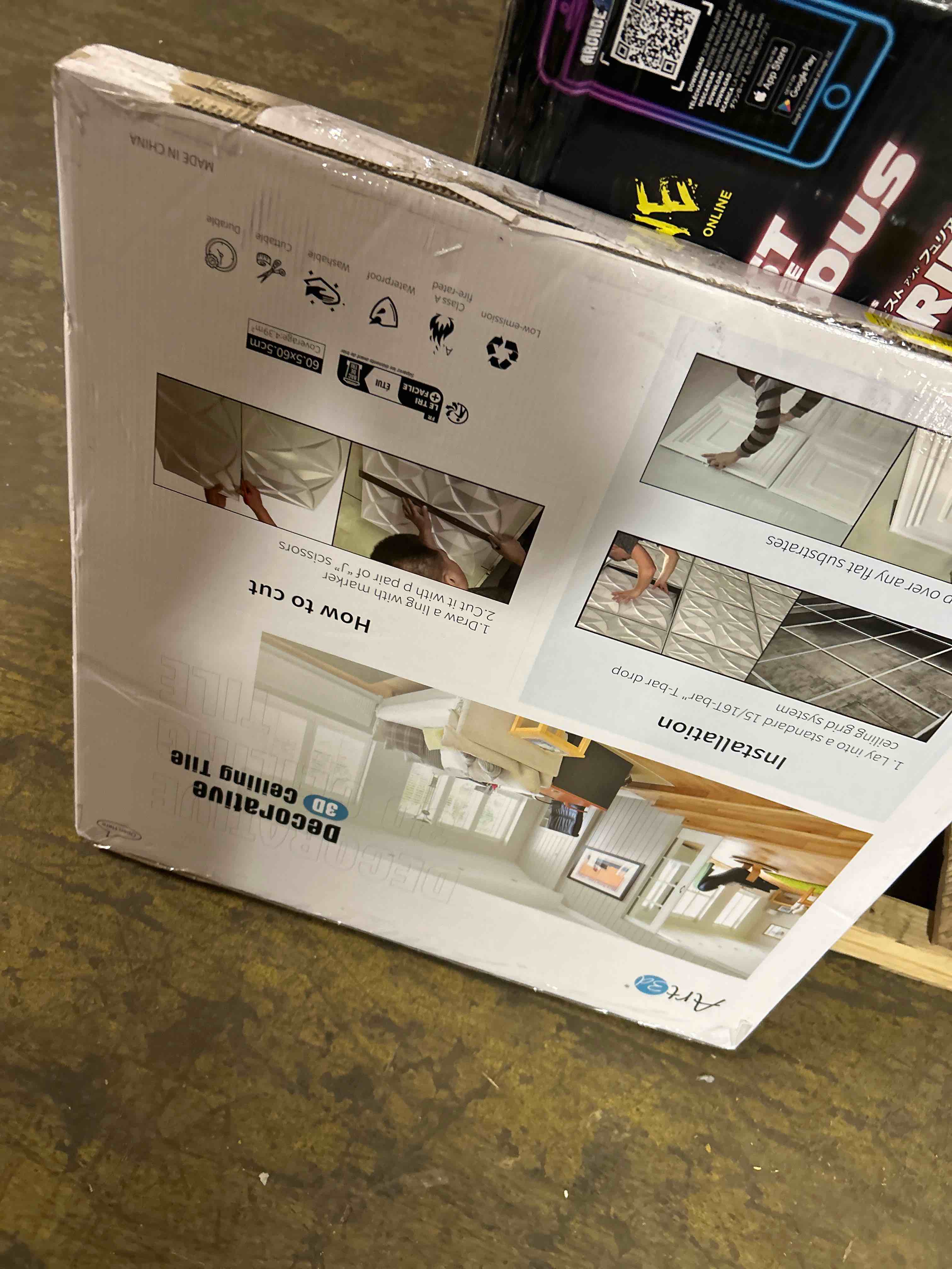 Condition photo showing New/Like New for Art3d 2x2 Ft Drop Down PVC Ceiling Tiles, 3D Textured Glue up Ceiling Panel for Office Living Room Home Decor - 12-Pack Covers 48 Sq.Ft, White 24 x 24 Inch White