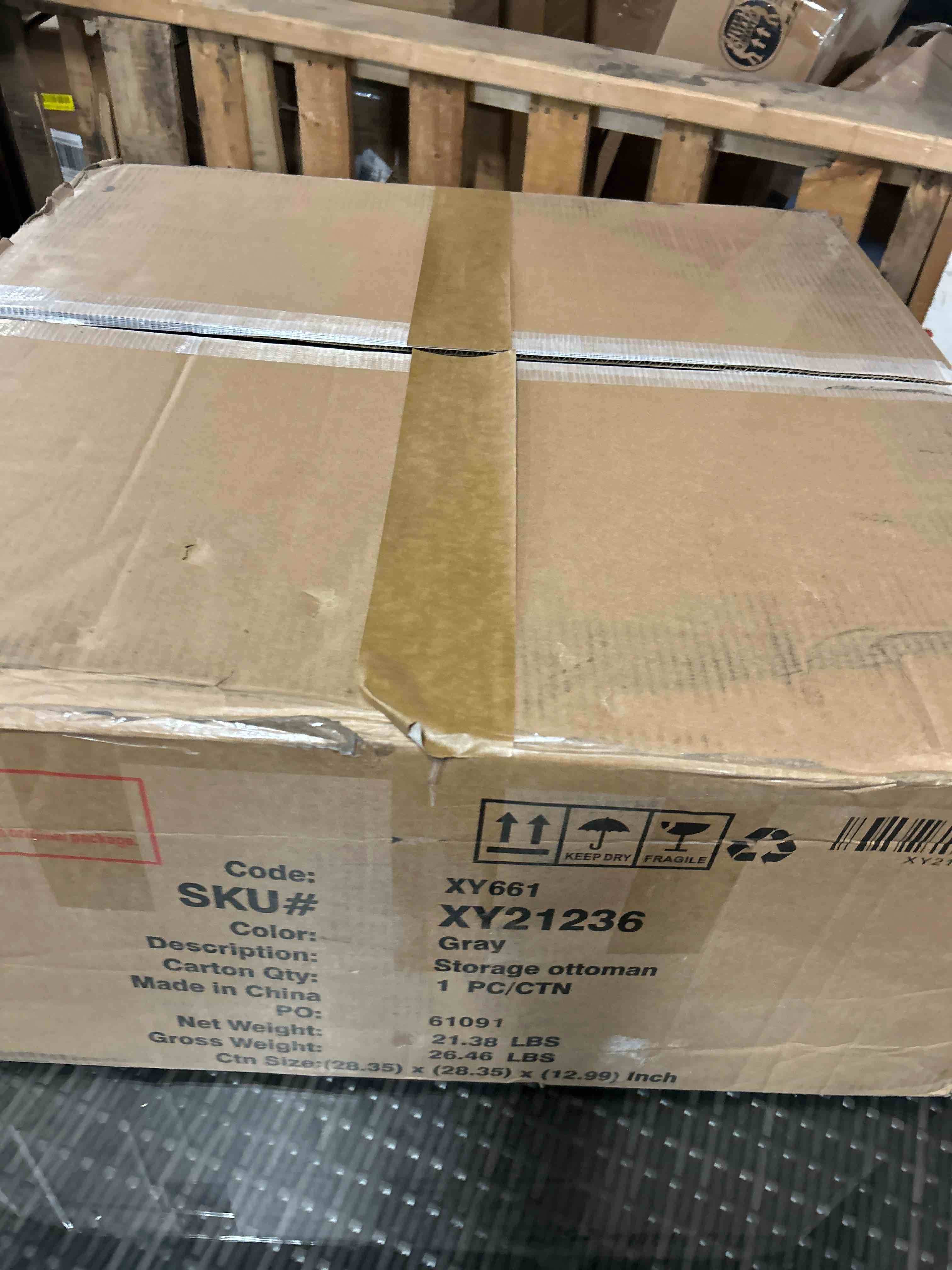 Condition photo showing As Is for Savinien Upholstered Round Storage Ottoman(missing top)