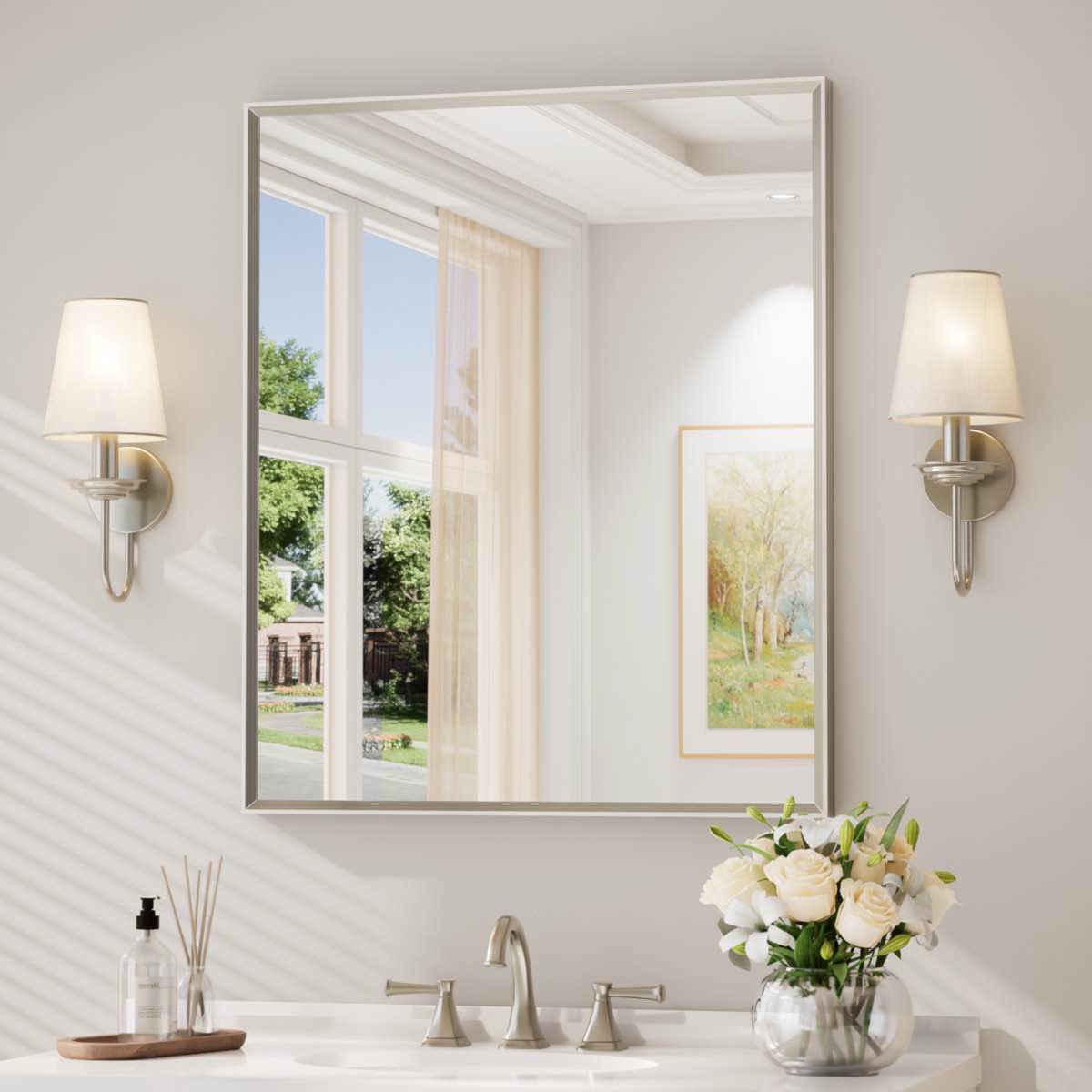 Bathroom Vanity Mirror with Aluminum Frame and Tempered Glass(36” by 30”
