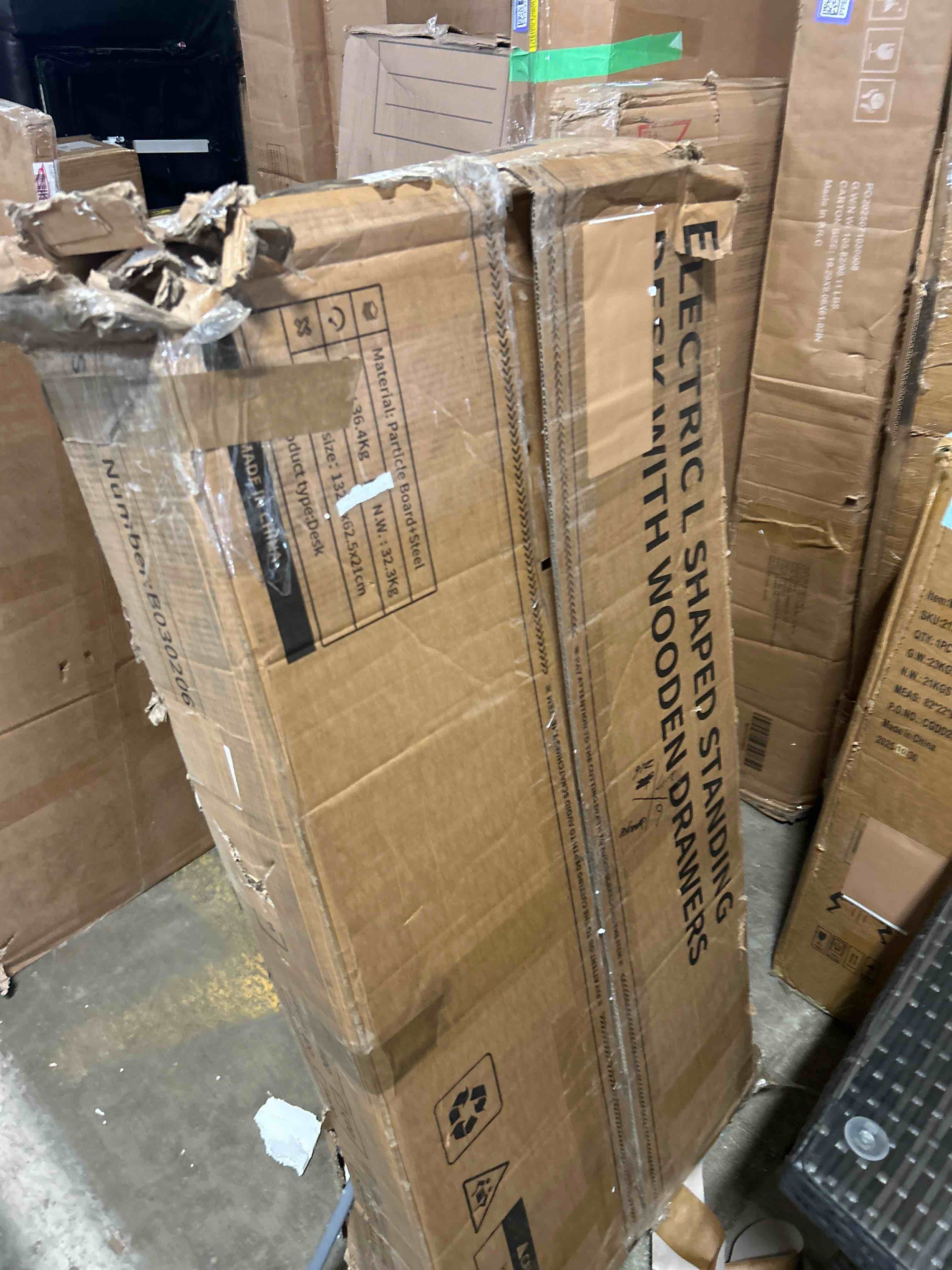 Condition photo showing As Is for MOUMON Electric Standing Desk with Drawers and Shelves, Executive Adjustable Height Desk, L-Shaped Design, 63 inch Tabletop, for Office Deep Brown and Black (63”W x 63”D x 28.4-45.8”H)(Missing 1 box)