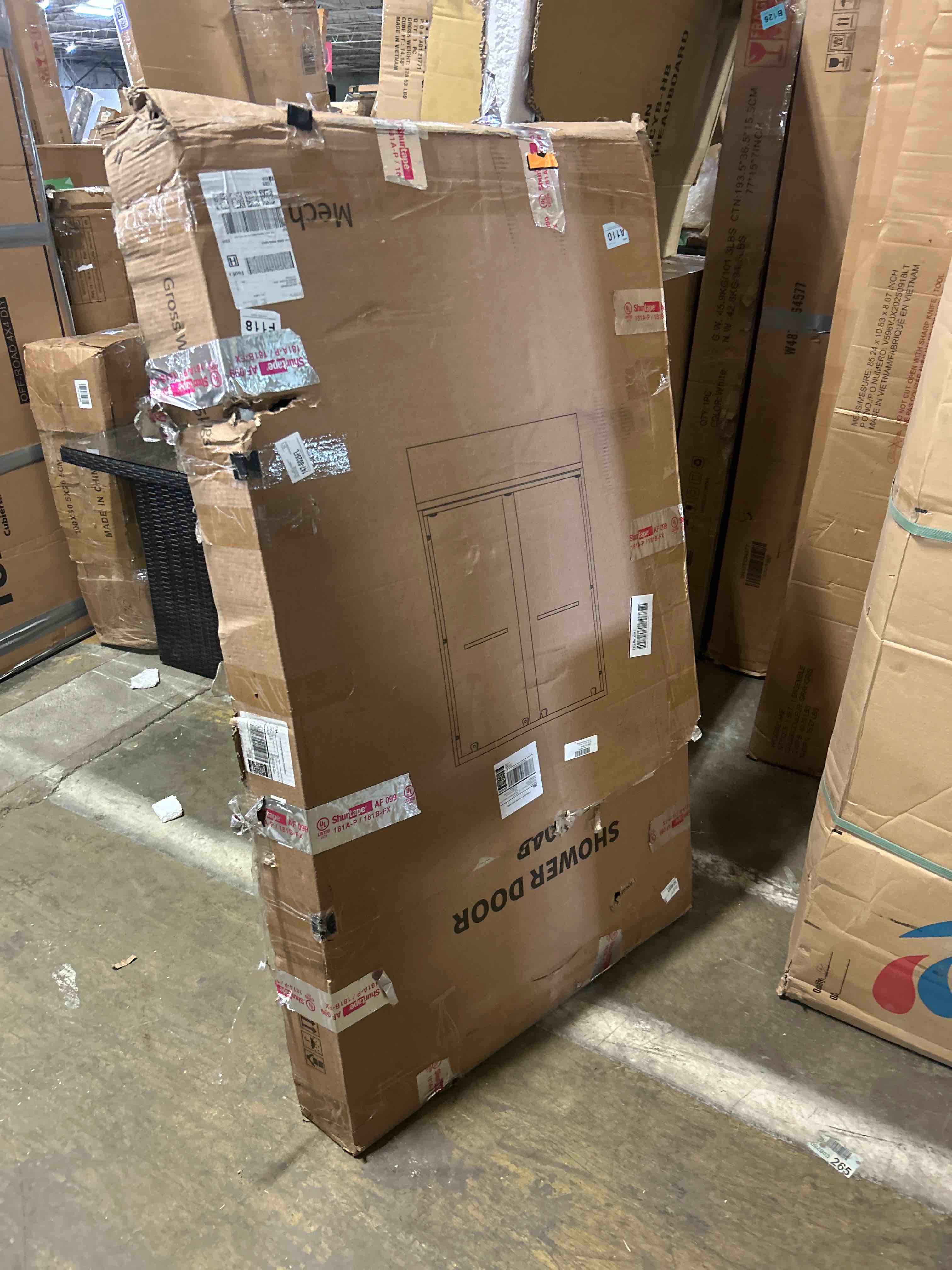 Condition photo showing As Is for Shower Door, 56-60" W x 72" H Double Sliding Shower Glass Door with 1/4'' (6mm) Tempered Glass, Semi-Frameless Bathroom Sliding Glass Door for Walk-in Shower, Black(box damaged)