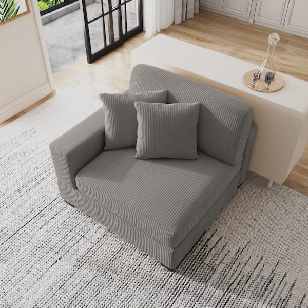 modern left arm facing light gray corduroy fabric sectional corner arm chair with 2 pillows
