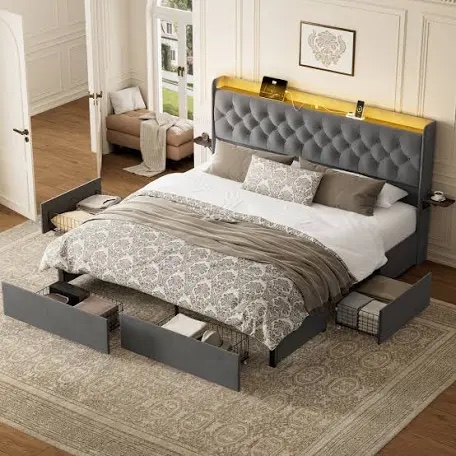 coba upholstered modern bed with 4 storage drawers, queen 