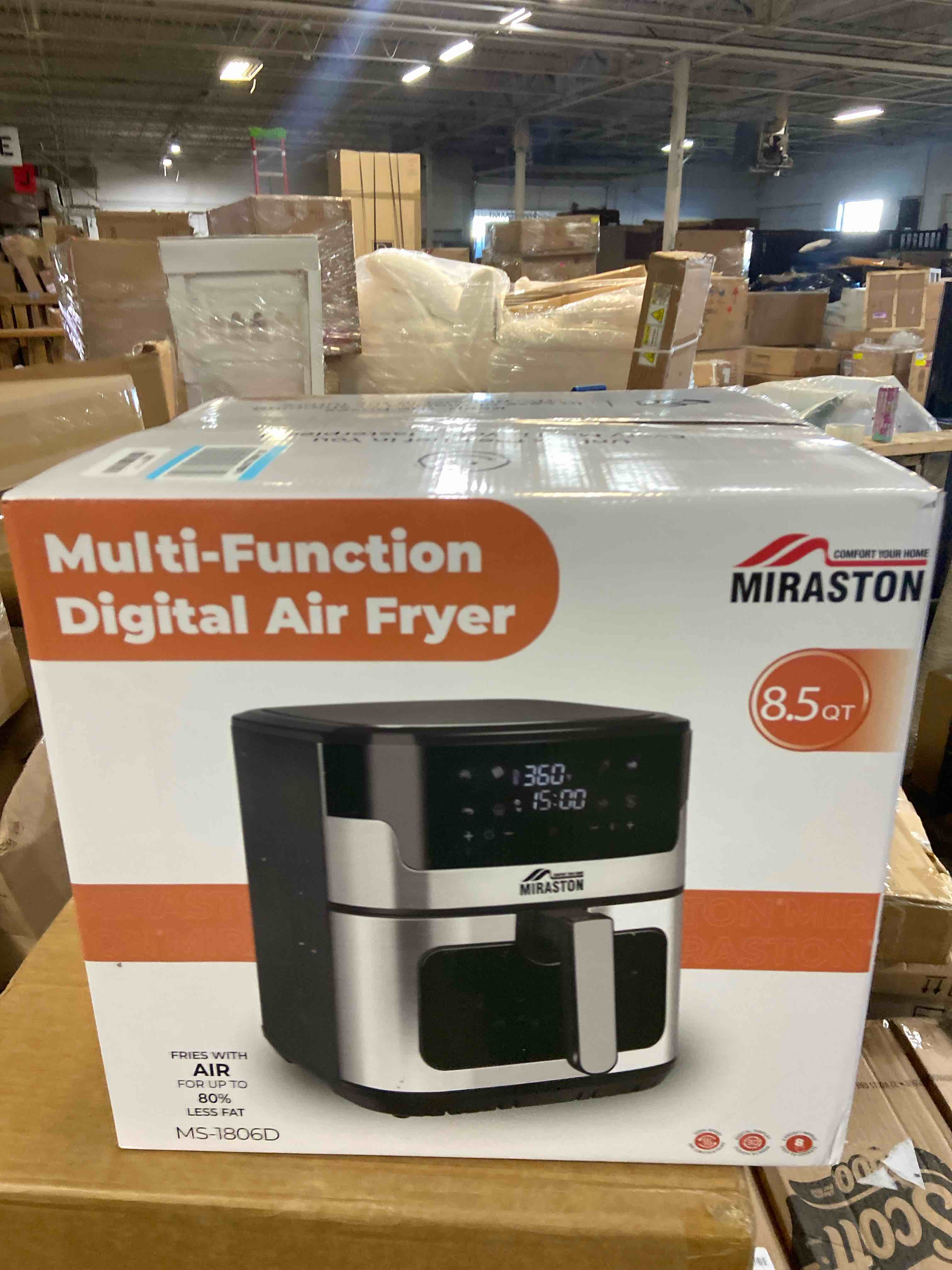 Condition photo showing New/Like New for 8.5Quart Air Fryer, upgraded large capacity suitable for 5-6 people, Smart touch screen for easy operation with 8 preset functions, non-stick coating for easy cleaning