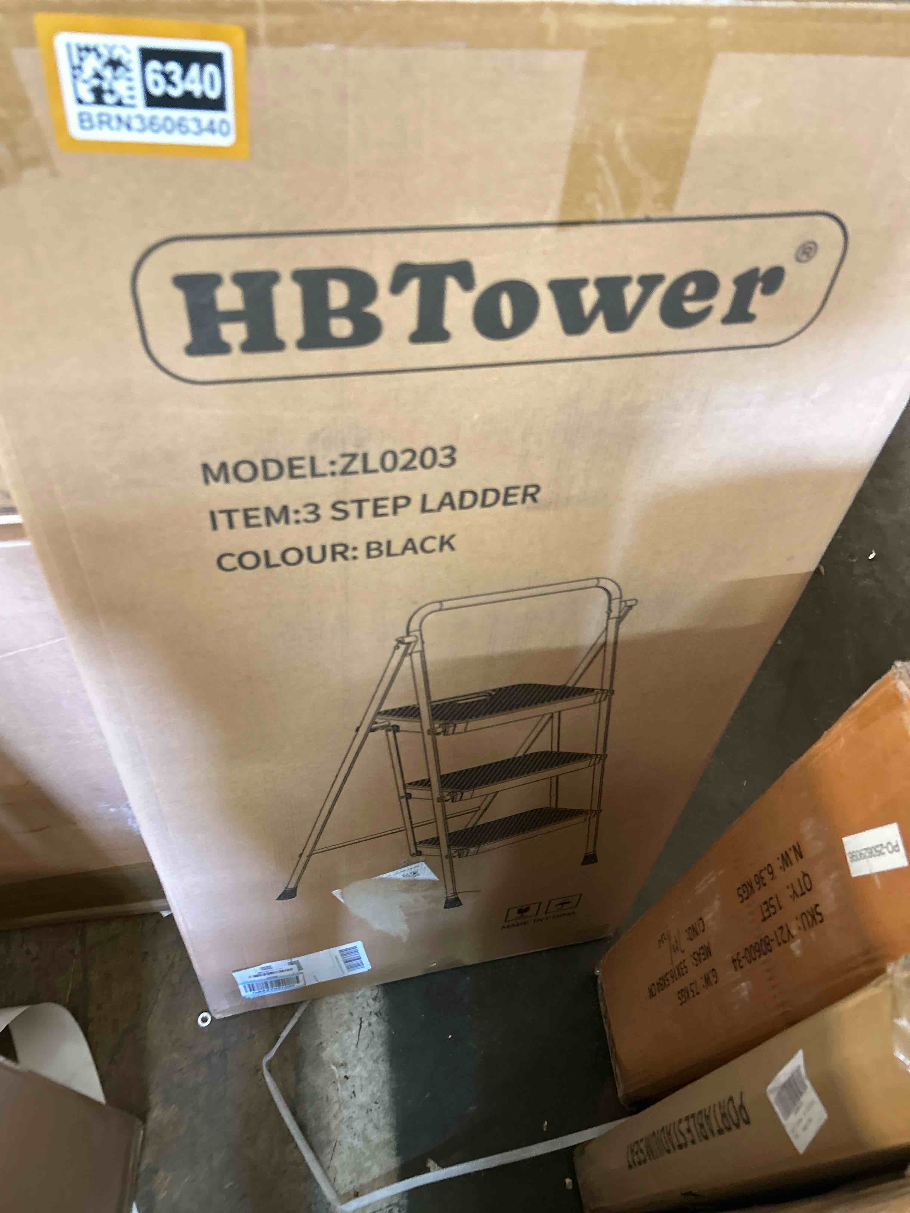 Condition photo showing New/Like New for HBTower Step Ladder, Folding Step Stool with Wide Anti-Slip Pedal, Sturdy Steel Ladder, Convenient Handrail, Lightweight, Portable Steel Step Stool 3 Step Ladder Black