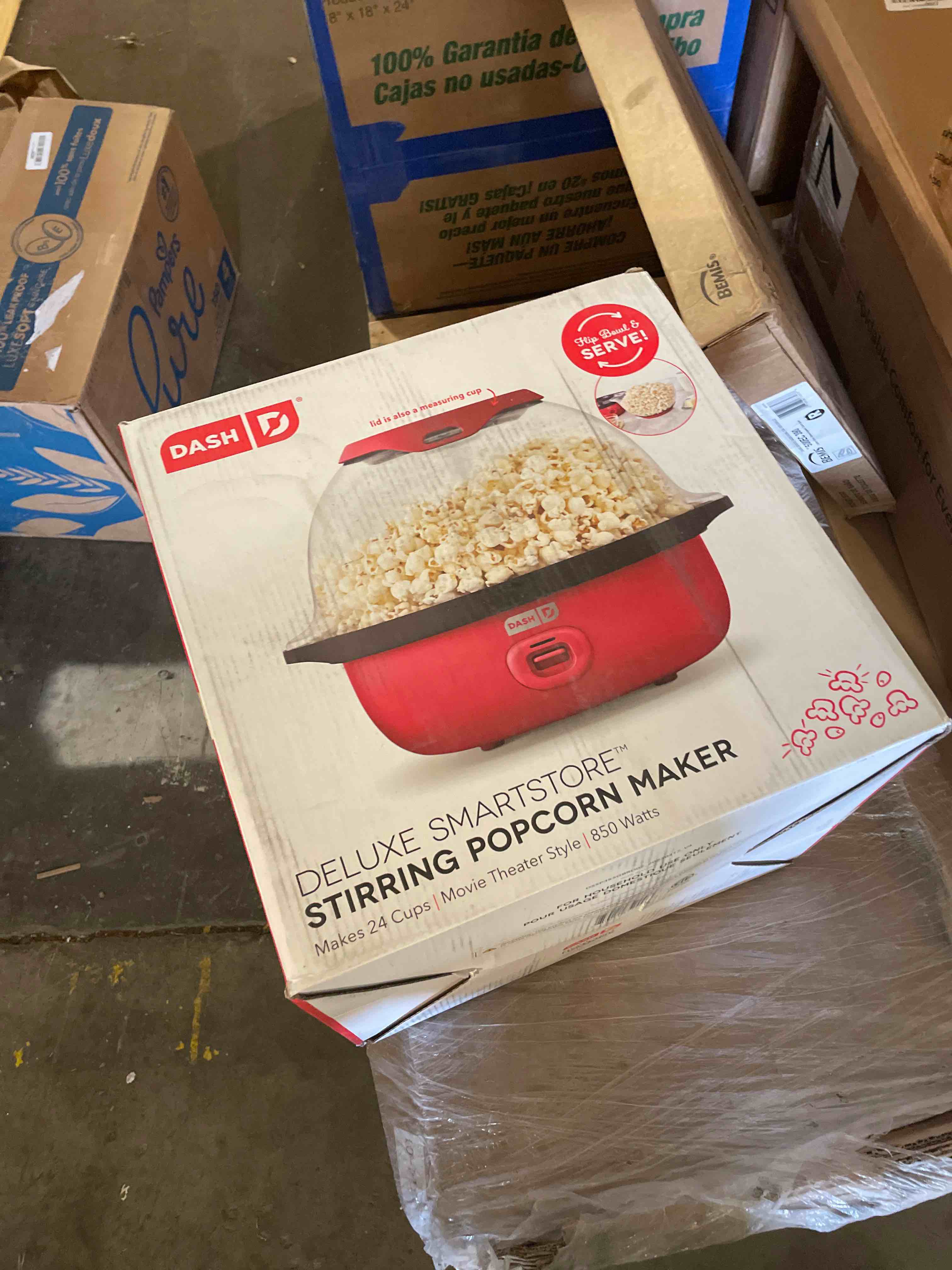 Condition photo showing Good Condition for Dash SmartStore Deluxe Stirring Popcorn Maker - Hot Oil Electric Popcorn Popper with Butter-Warming Tray, Clear Serving Bowl, Storage Lid & Measuring Cup - 24 Cups, Red 24 Cups Red