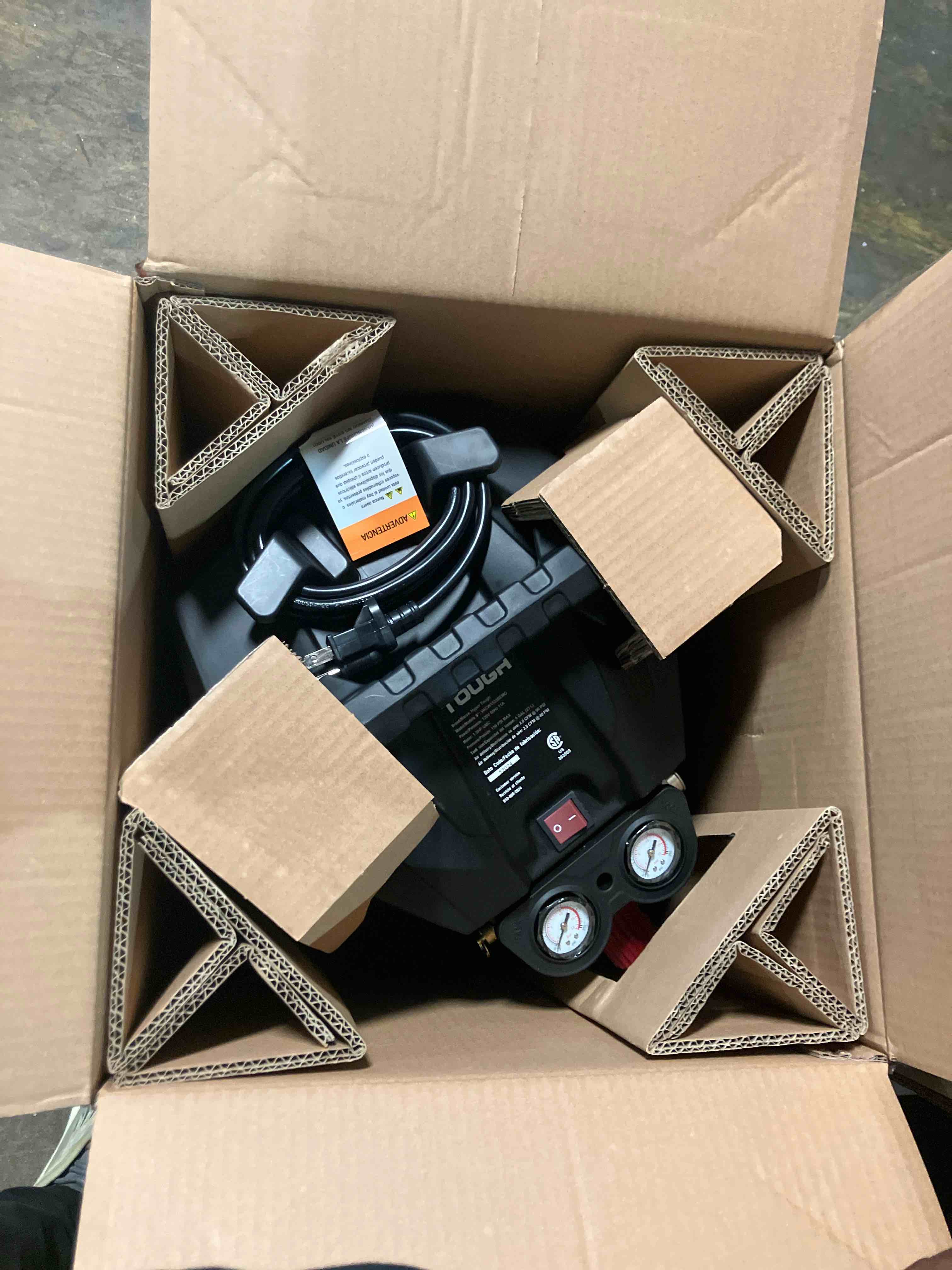 Condition photo showing New/Like New for Hyper Tough 6 Gallon Oil Free Pancake Air Compressor  150 PSI  Black