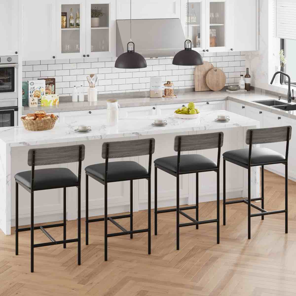 25.5 Inch Bar Stools, Upholstered Counter Height Stools with Backrest and Footrest for Kitchen Island Dining Room