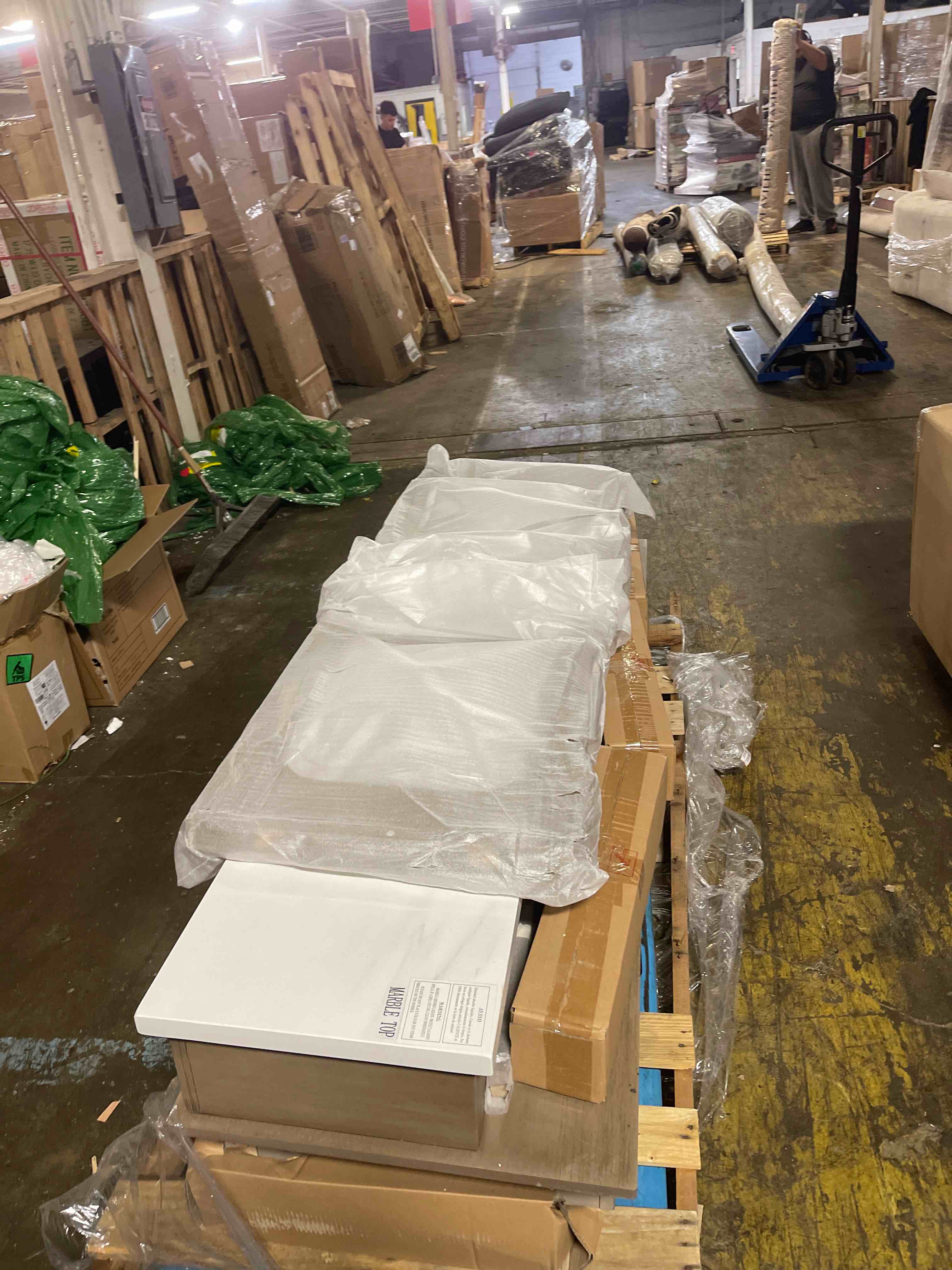 Condition photo showing New/Like New for Lift Top Coffee Table with Glass Legs and Storage, White Marble Finish, Modern Living Room Style, White Marble