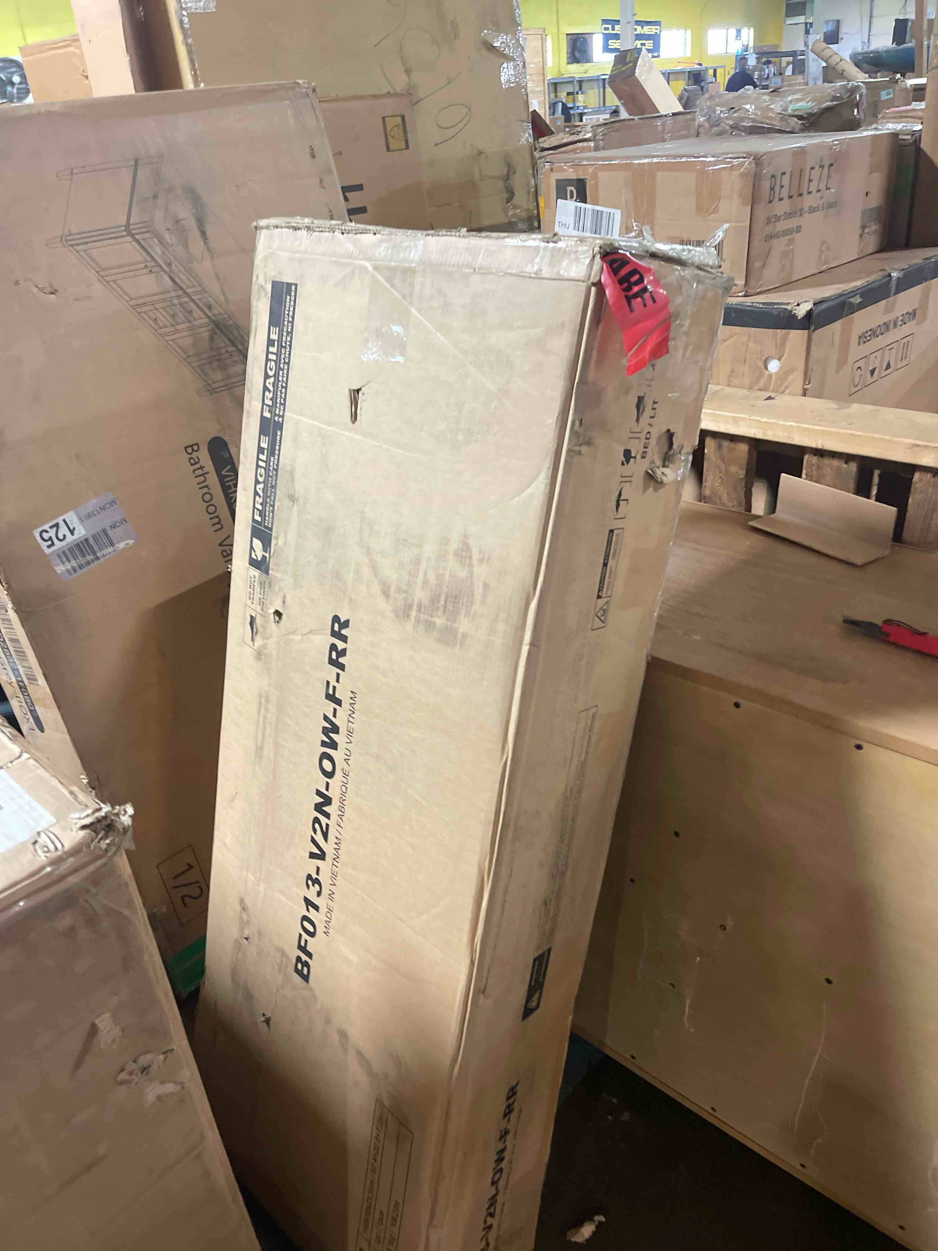 Condition photo showing As Is for FLEXISPOT 51” King Bed Frame with LED Lights, Charging Station & Storage Shelf, Elegant Corduroy Upholstered Platform Bed with Tall Wingback Headboard, No Box Spring Needed, Beige