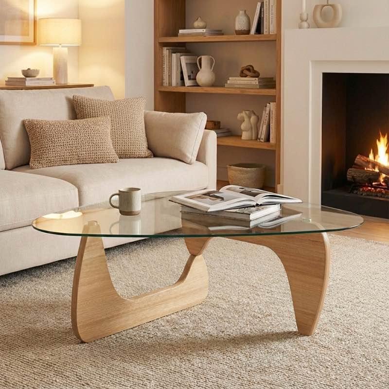 Triangle Abstract Coffee Table Modern Tea Table With Solid Wood Base And Triangle Glass Mid Century Coffee Table For Living Room (44.5" *33.5" * 16.5") (Glass only)