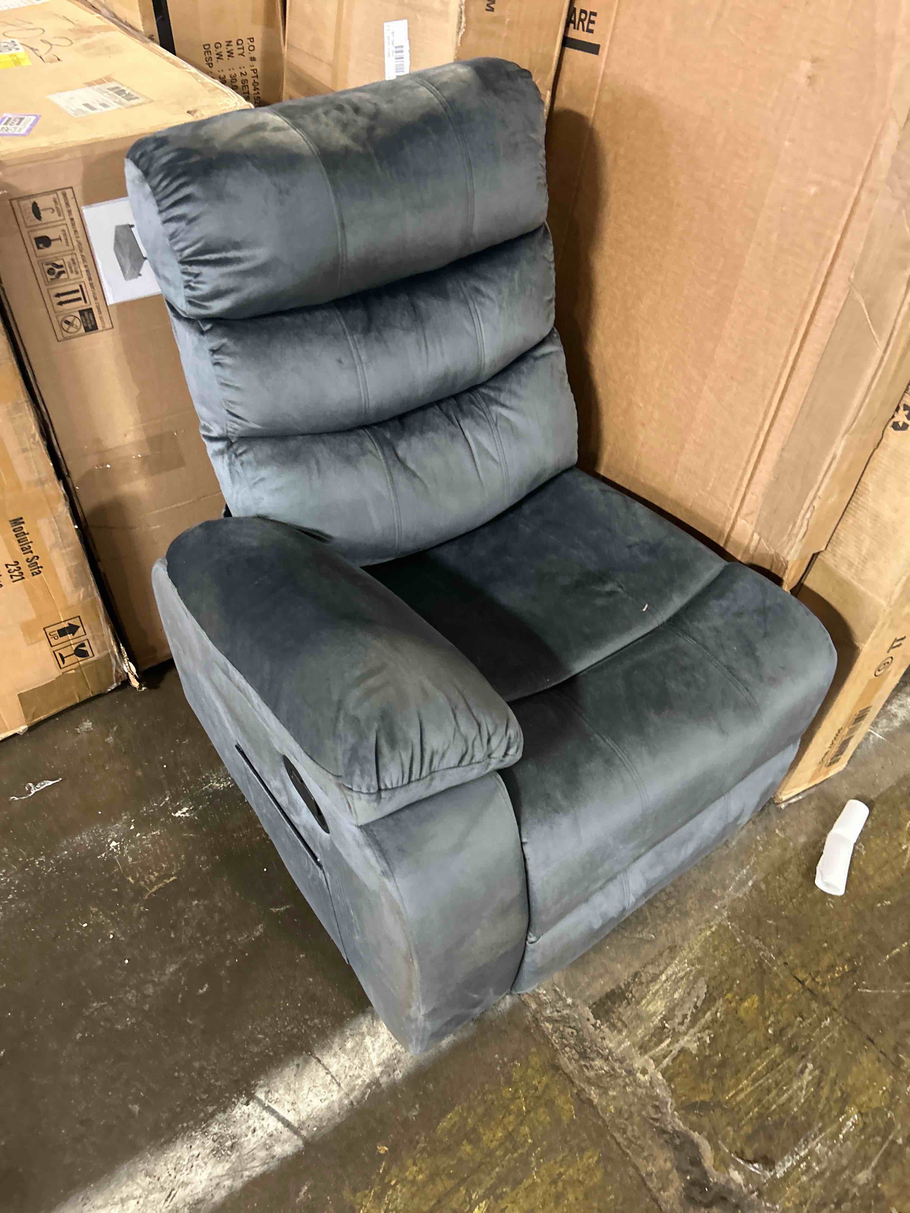 Condition photo showing As Is for Massage Recliner Chair Dark Gray Velvet with 6 Massage Points, Manual Reclining to 135 Degrees, Vibration Function, Faux Leather Upholstery, Side Pocket, and Stable Frame(similar recliner missing left side )
