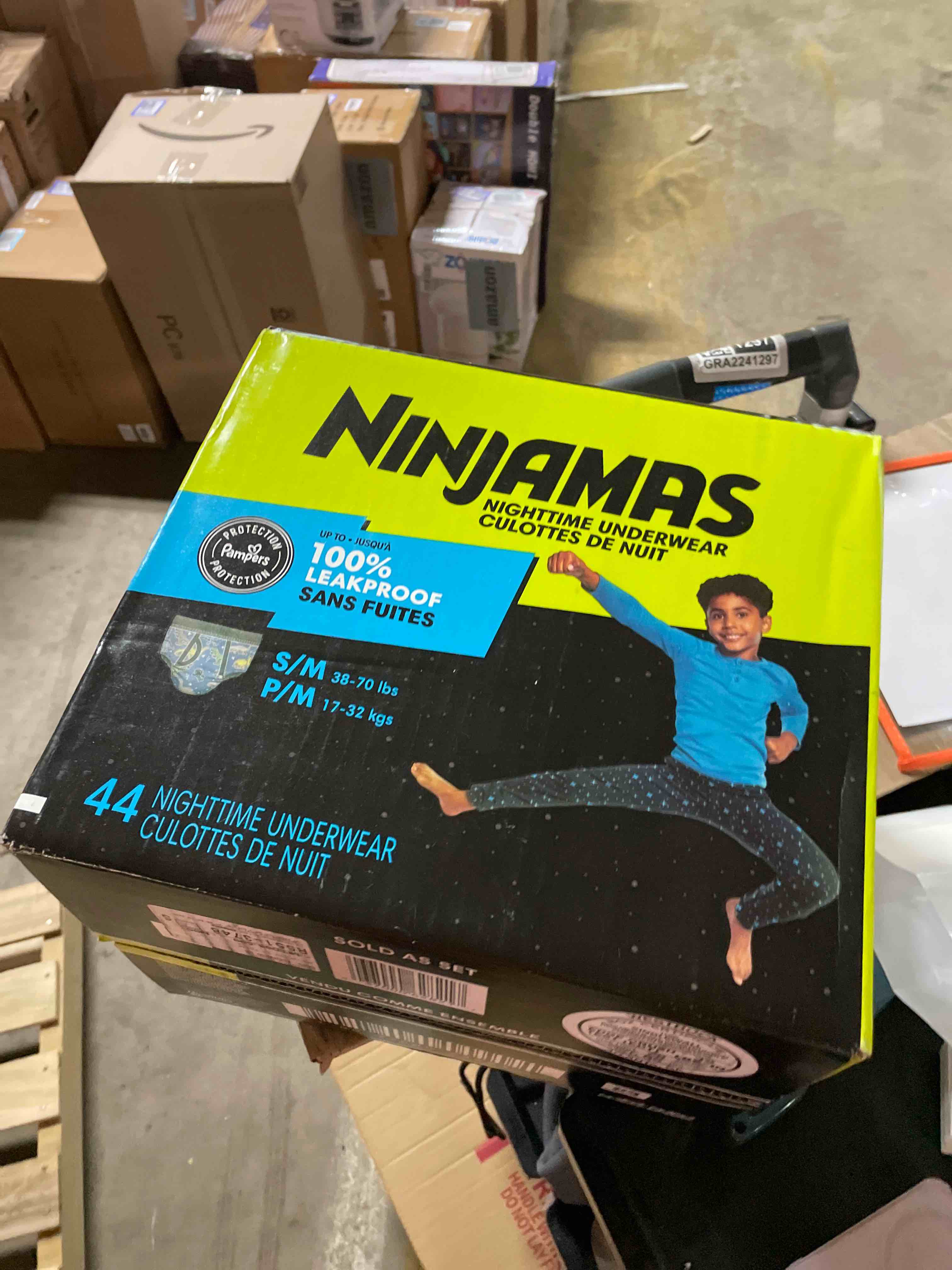 Condition photo showing New/Like New for Ninjamas Boys Bedwetting Nighttime Underwear, Size S/M (38-70 lbs), 44 Count, Overnight Protection, Ultra Absorbent, Hypoallergenic Small/Medium 44