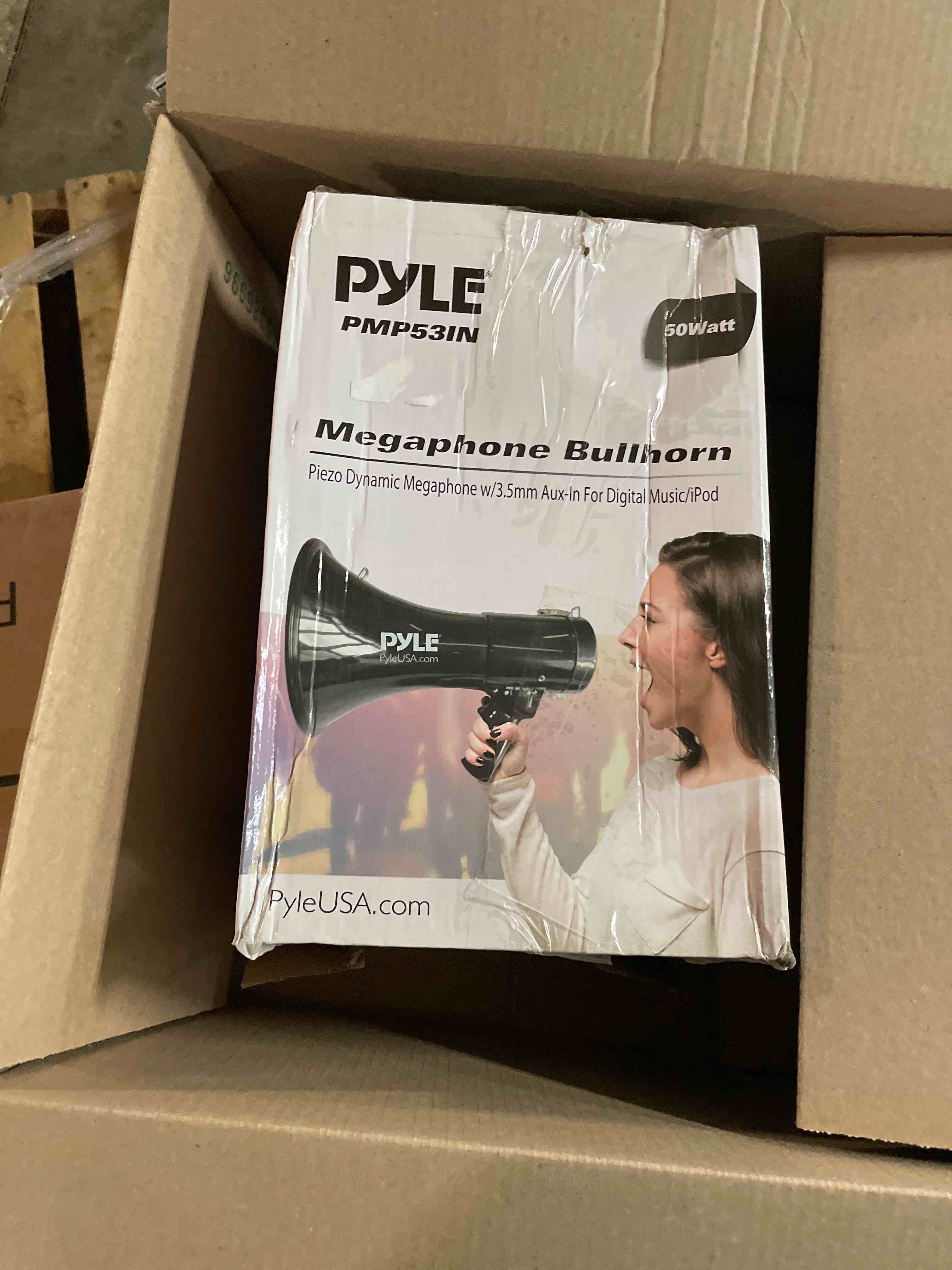 Condition photo showing As Is for Pyle Portable Compact PA Megaphone Speaker with Alarm Siren & Adjustable Volume - 50W Handheld Lightweight Bullhorn - with Mic, AUX IN for MP3 & Rechargeable Battery - Indoor Outdoor Use - PMP561LTB