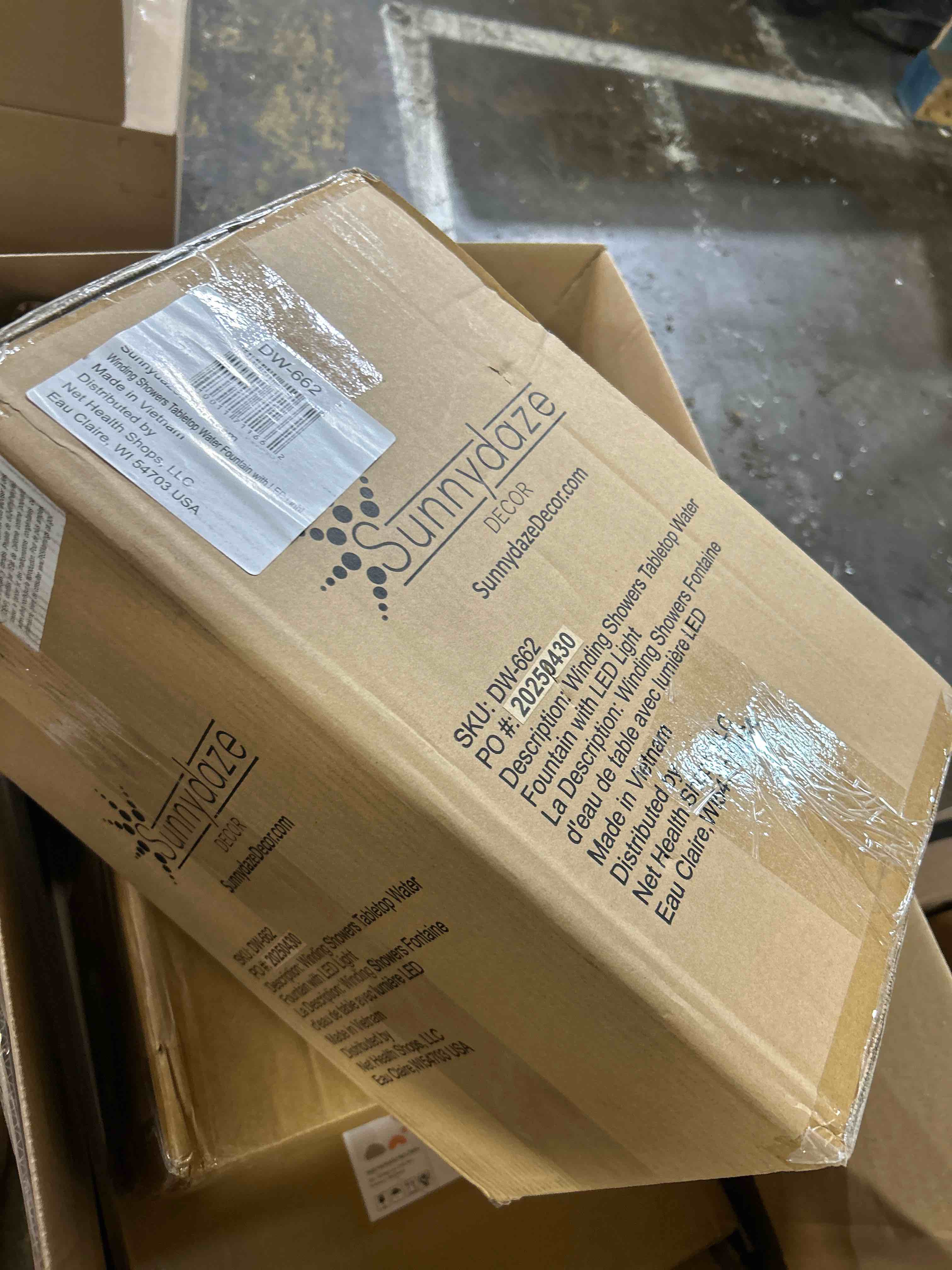 Condition photo showing New/Like New for Sunnydaze Winding Showers Tabletop Water Fountain - 14 Inch Relaxing Indoor Desktop Water Fountain with LED Lights - Brown