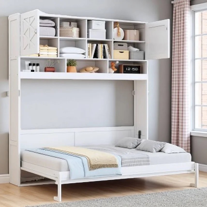 queen murphy wall bed with hydraulic lift, spacious storage compartments, decorative panels, space