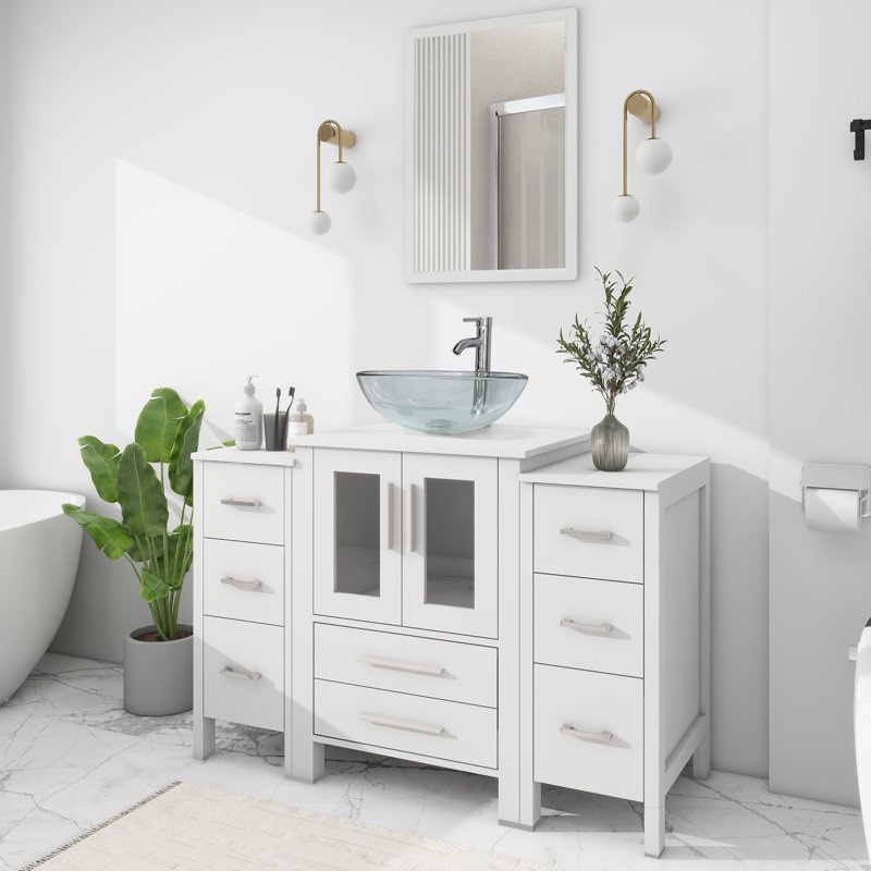 48” Bathroom Vanity Sink Combo with Glass Sink, Wood Top, 2 Side Cabinets, Faucet (Does not come with sink)