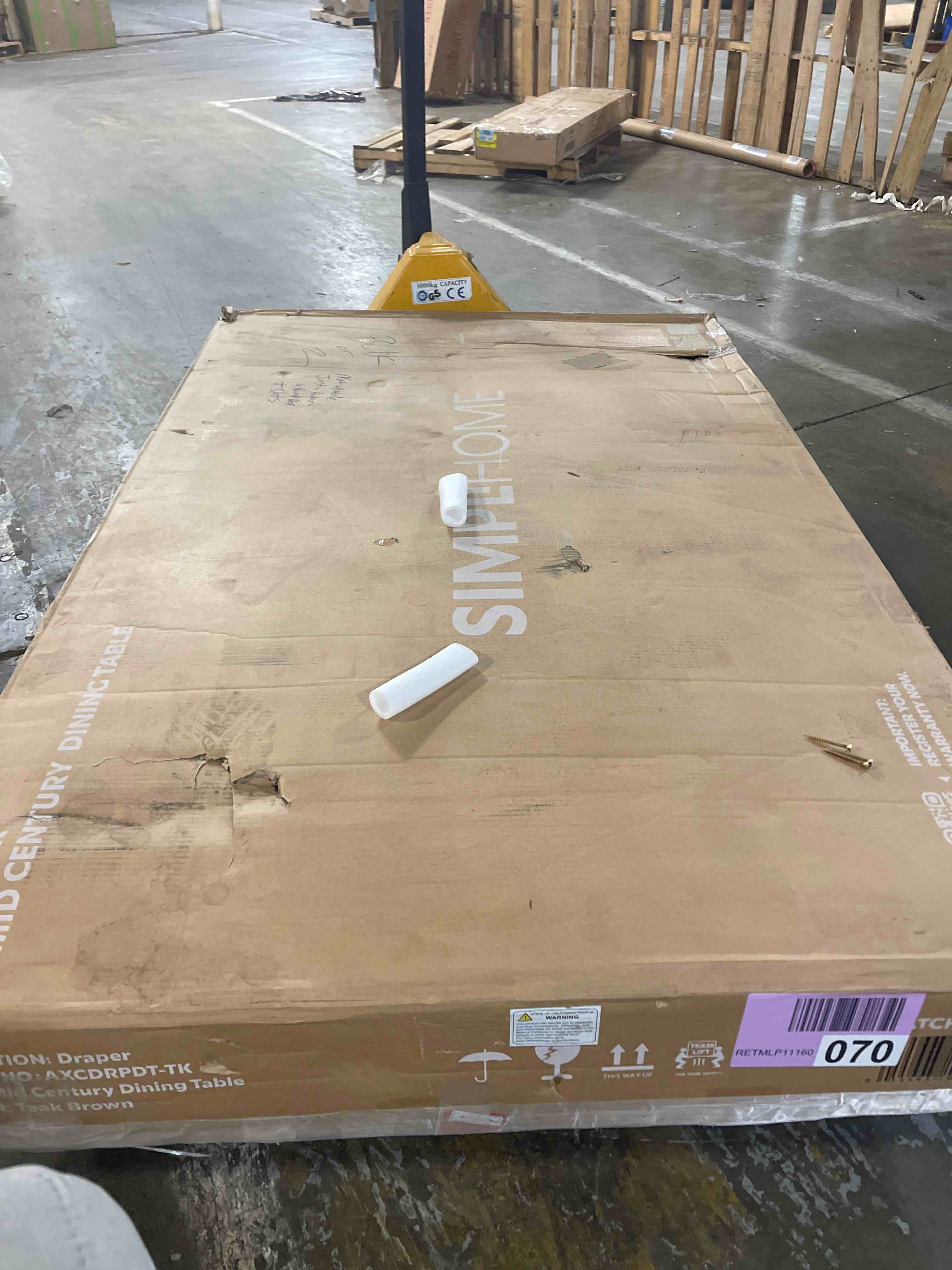 Condition photo showing As Is for draper solid hardwood and rubberwood 66 in. rectangle mid century modern dining table in teak brown 4-legs seats 4