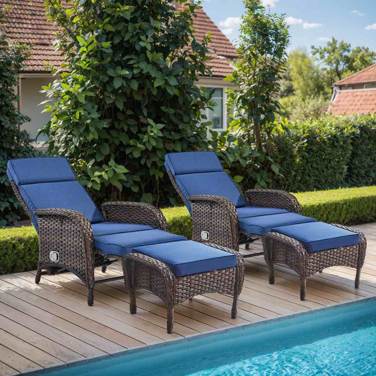 Gaetanino Outdoor Wicker Rattan Poolside Reclining Chaise Lounge With Ottomans (Set of 2)