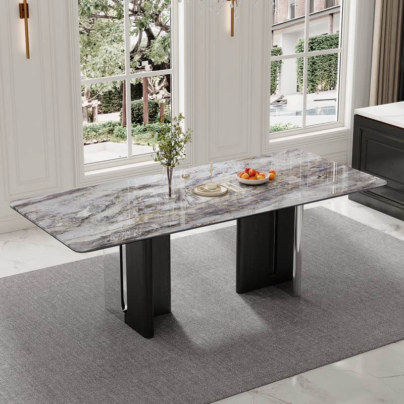 Modern 78.7" Dining Table, Glossy Sintered Stone Top, Stainless Steel Double Legs for 8-10 (Legs only)