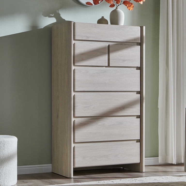  modern 7 drawers dresser for bedroom, 54.7" tall wood chest of drawers w/rounded corner for bedroom, living room