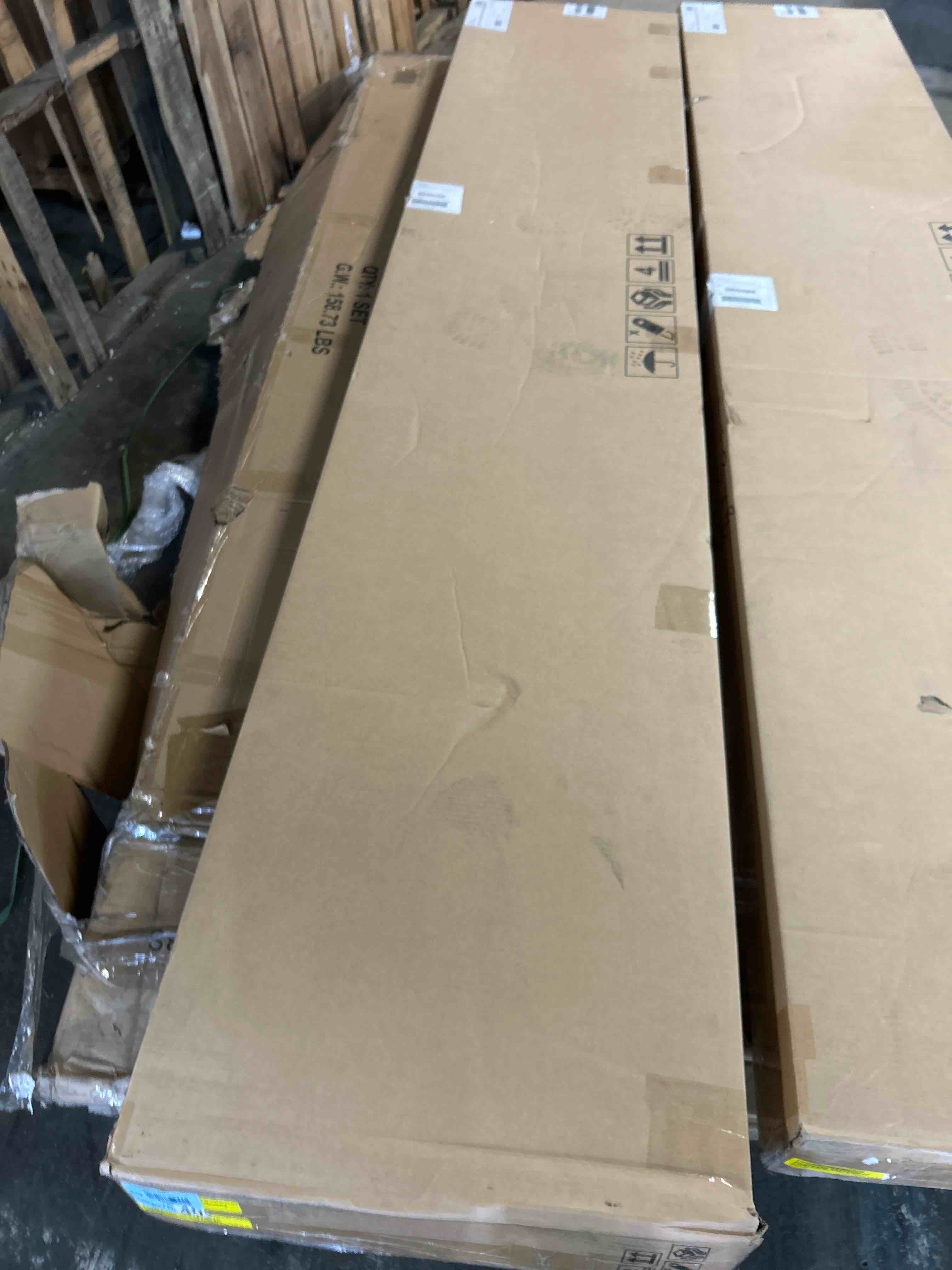 Condition photo showing As Is for aubrey 78-96? table w/18-inch leaf, waxed driftwood(incomplete box c only)