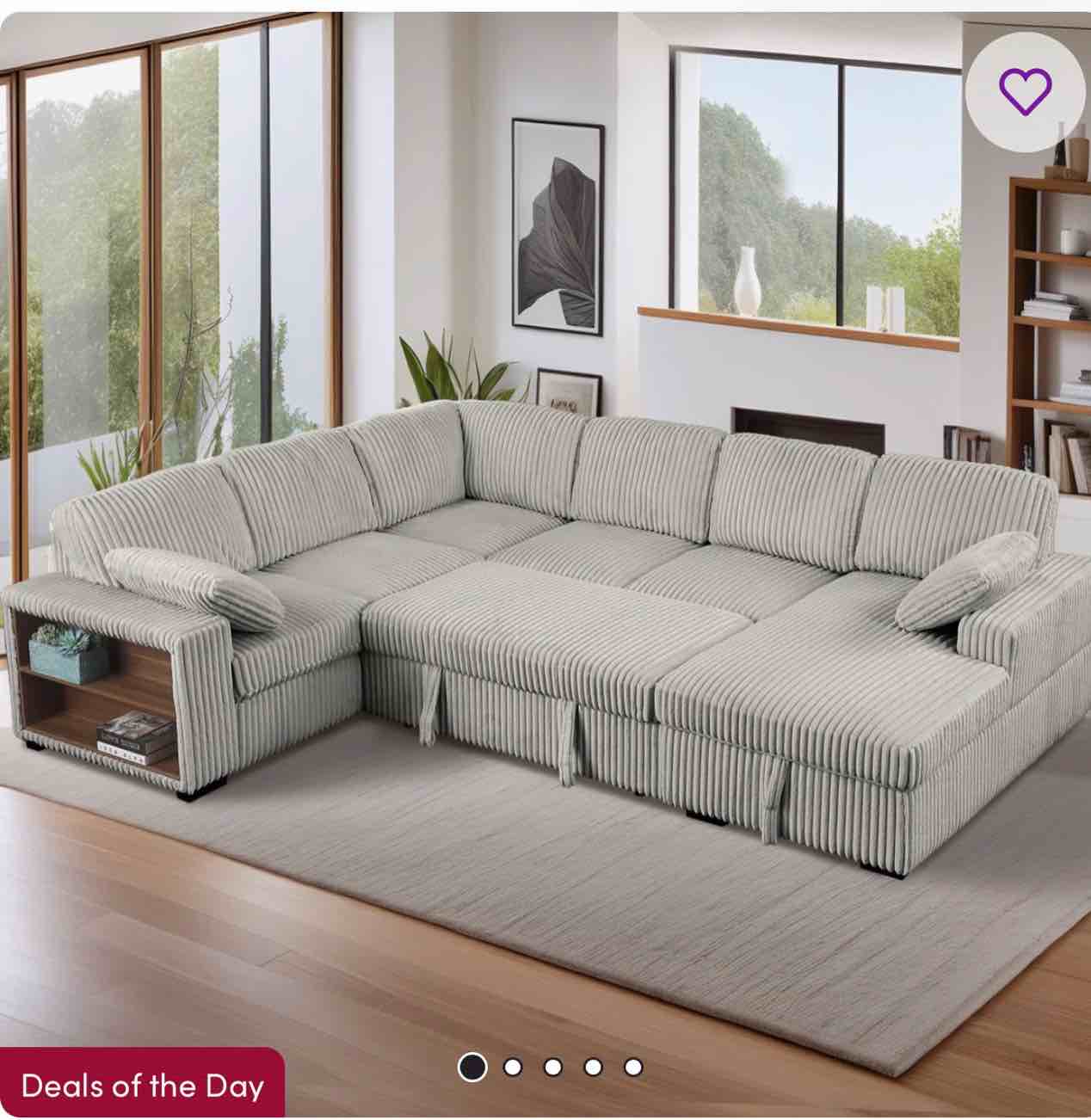 U-shaped Corduroy Sectional Sofa Bed Pull Out Sleeper with Large Storage Chaise and Armrest Storage