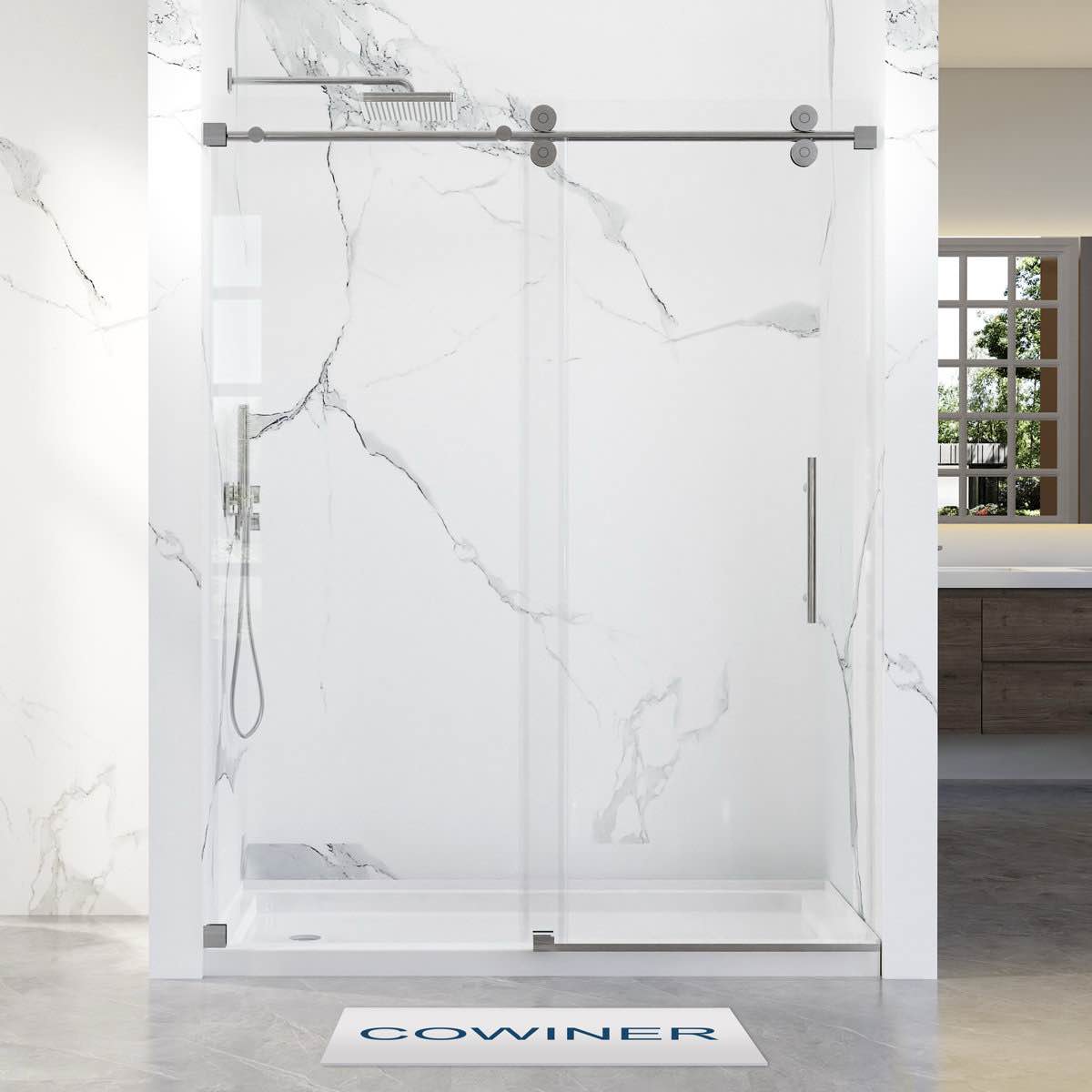 56-60 in. w x 76 in. h single sliding frameless shower door in brushed nickel with 3/8 in clear tempered glass (new in box)