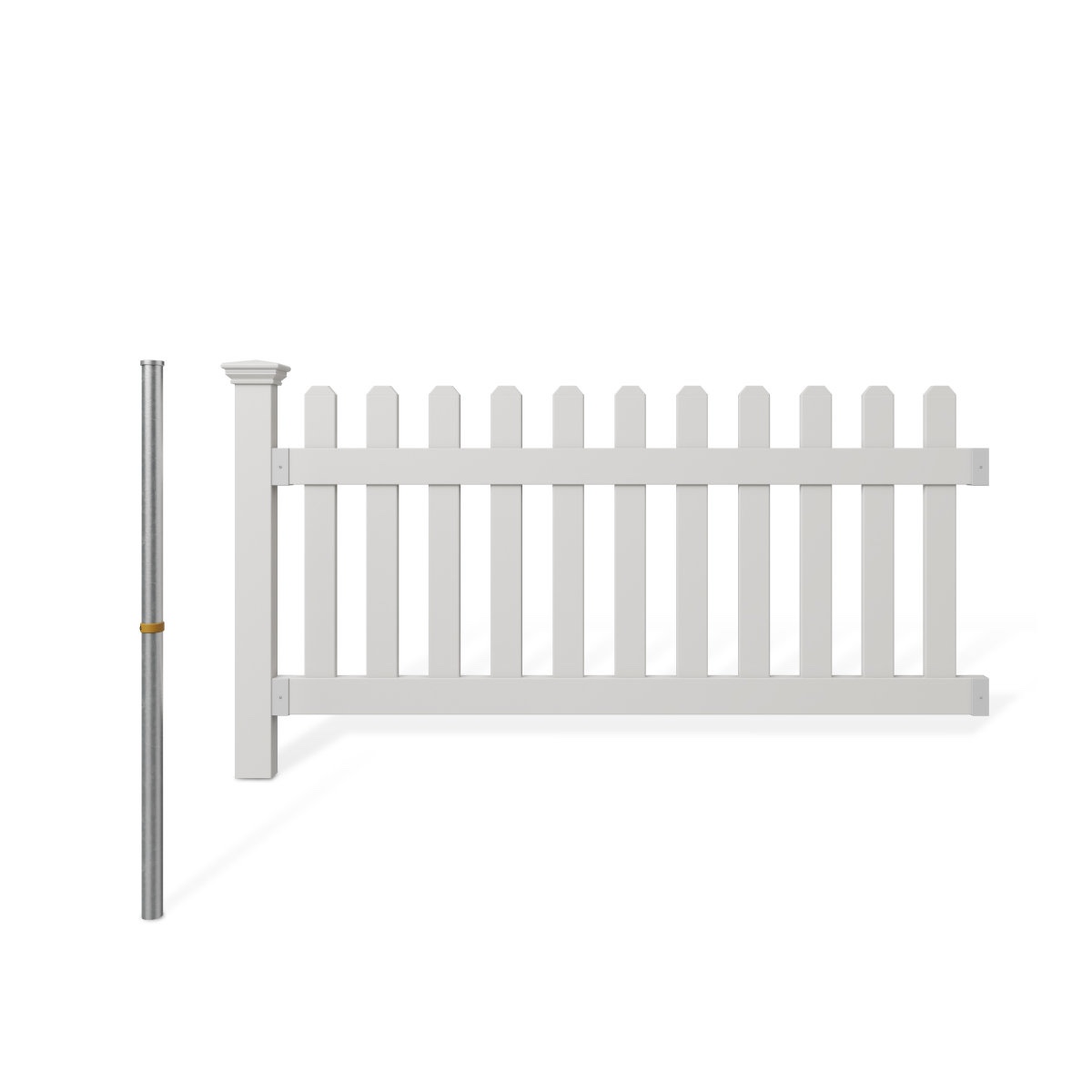Condition photo showing New/Like New for 3ft h x 18ft w (3 panels + 3 post) no dig newport fence kit, white vinyl picket fence (3 boxes)