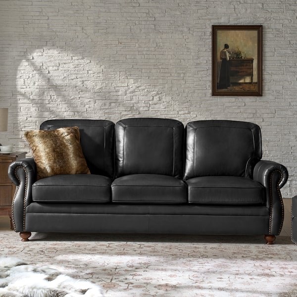 Black Lina Traditional Genuine Leather Sofa Rolled Arms with Solid Wood Legs and Nailhead Trims (Right Cushion has rip-pictured- can be patched with vinyl repair kit)