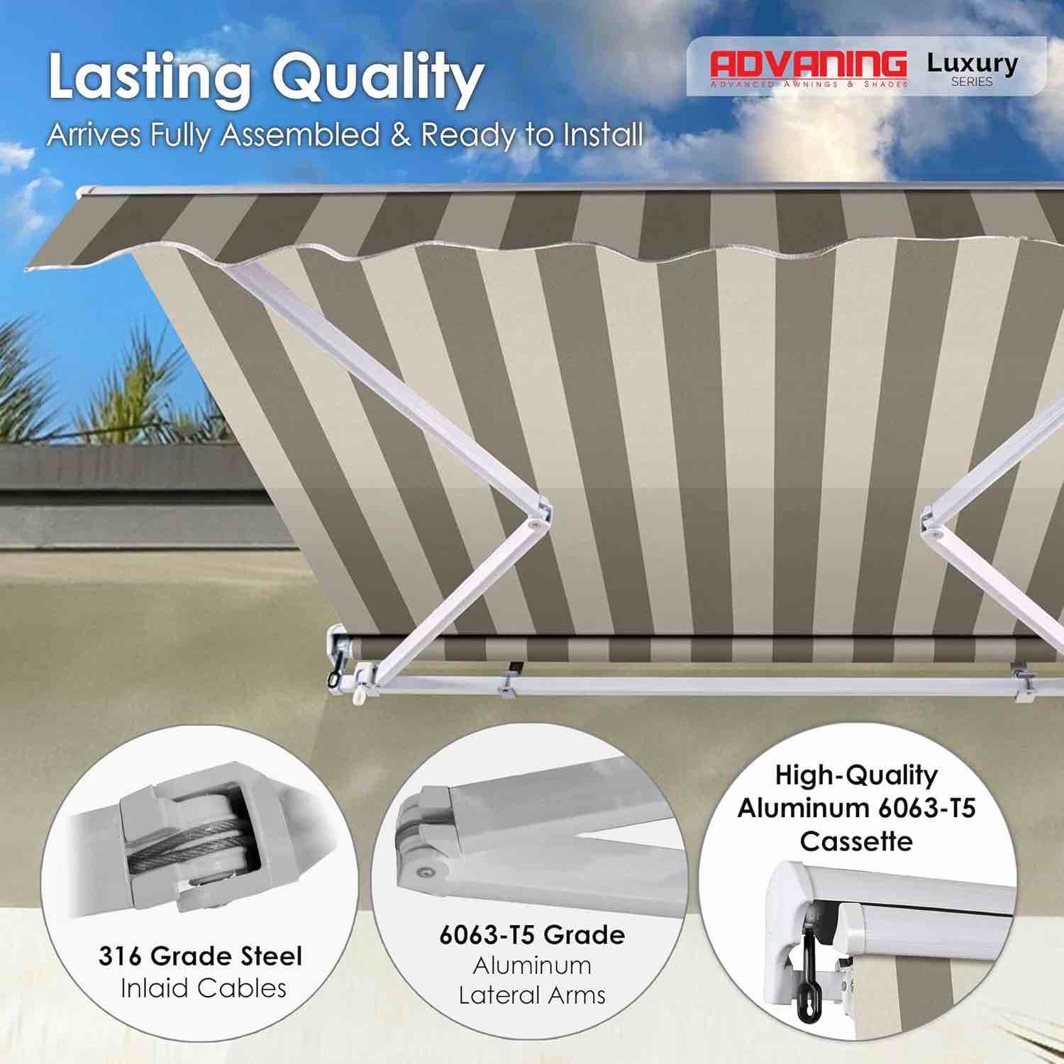 Condition photo showing New/Like New for advaning luxury series, 10'x8' electric retractable awning, premium quality fully assembled uv+ sun shade canopy, driftwood stripes (new in box) 