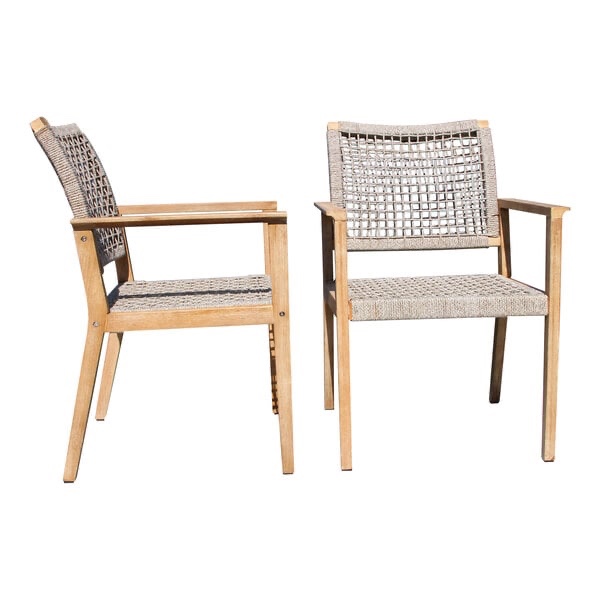 Condition photo showing New/Like New for set of three nautical rope and antique wash eucalyptus stackable chairs 19.5 x 24 x 34.5