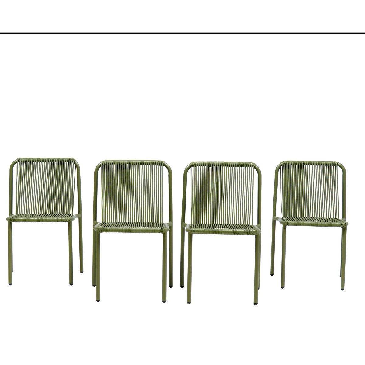 Condition photo showing New/Like New for set of 4 home balfour outdoor modern stackable rattan and iron dining chairs in green, new in box 32 inches (h) x 20 inches (w) x 21.75 inches (d) 