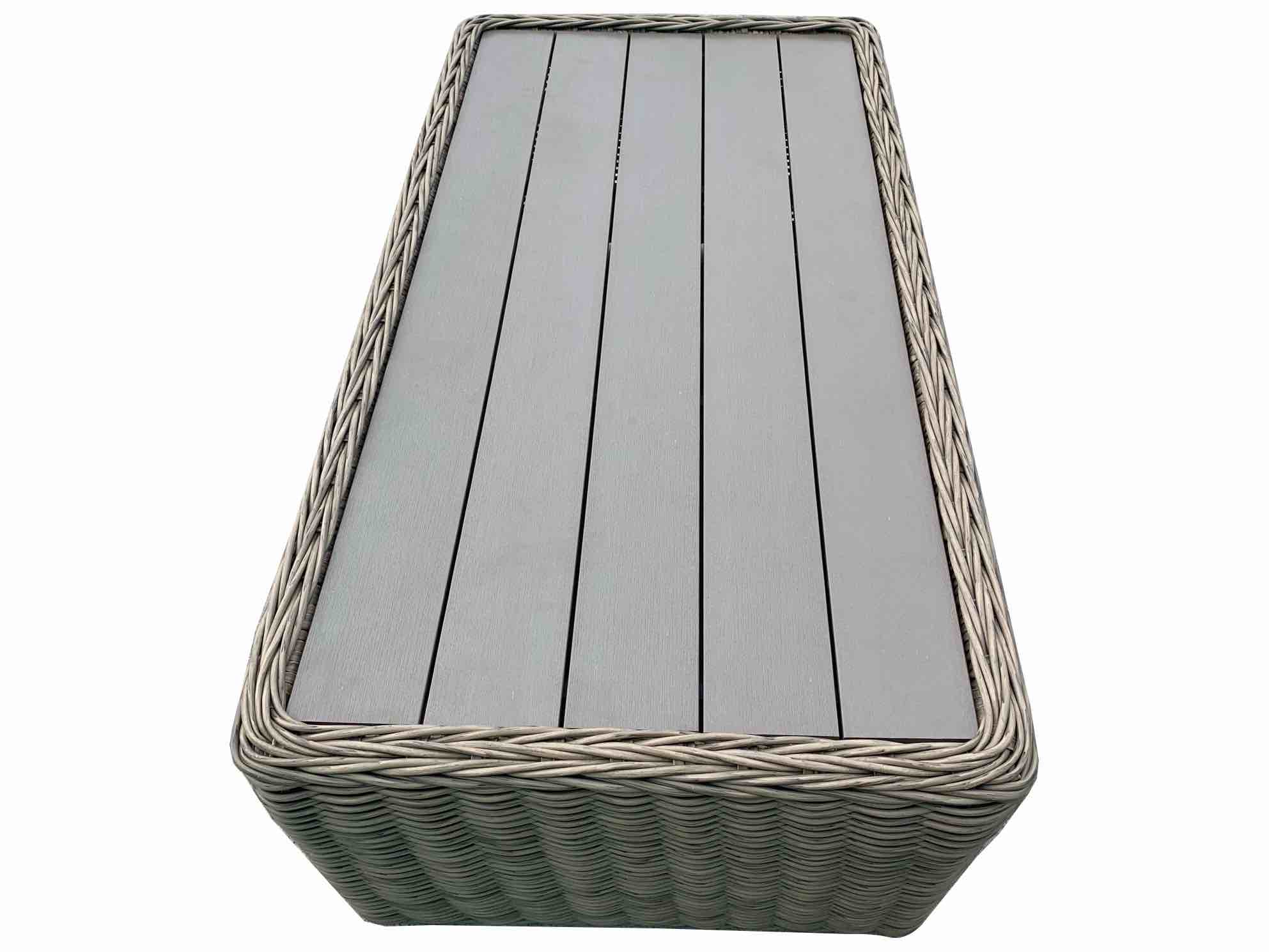 Condition photo showing New/Like New for tulum rectangle multi-tone wicker outdoor coffee table 47.6 w x 26.3  d x 18.1 h (new in box)