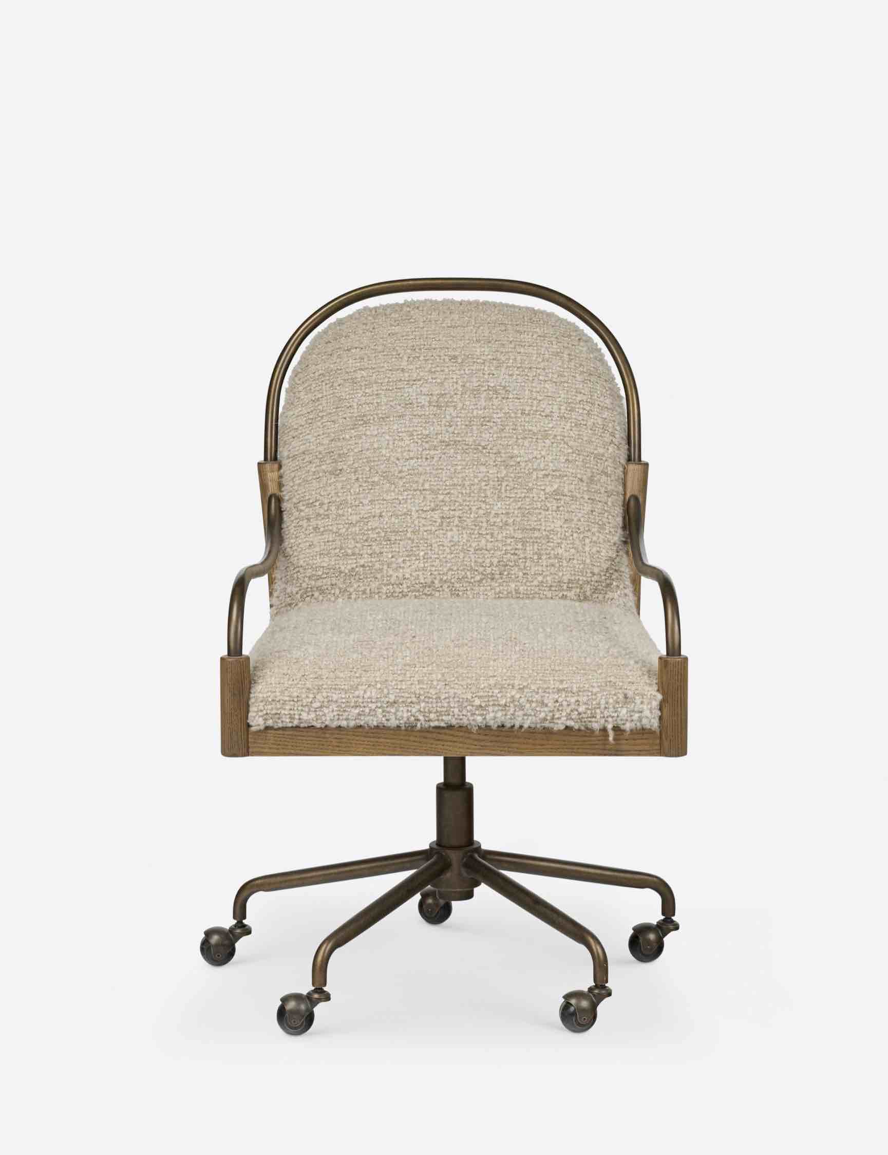 Condition photo showing Good Condition for demi off white boucle plush office chair with ash wood frame and metal bronze brushed 5 leg swivel base. needs screwed in, minor paint chipping to arms otherwise beautiful condition. 26.5"w x 26.8"d x 36"h