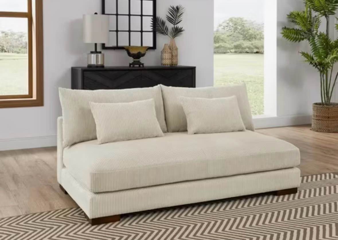 Beige Corduroy 2 Seater Solid Wood Sofa and Matching Pillows 33 x 69 x 39