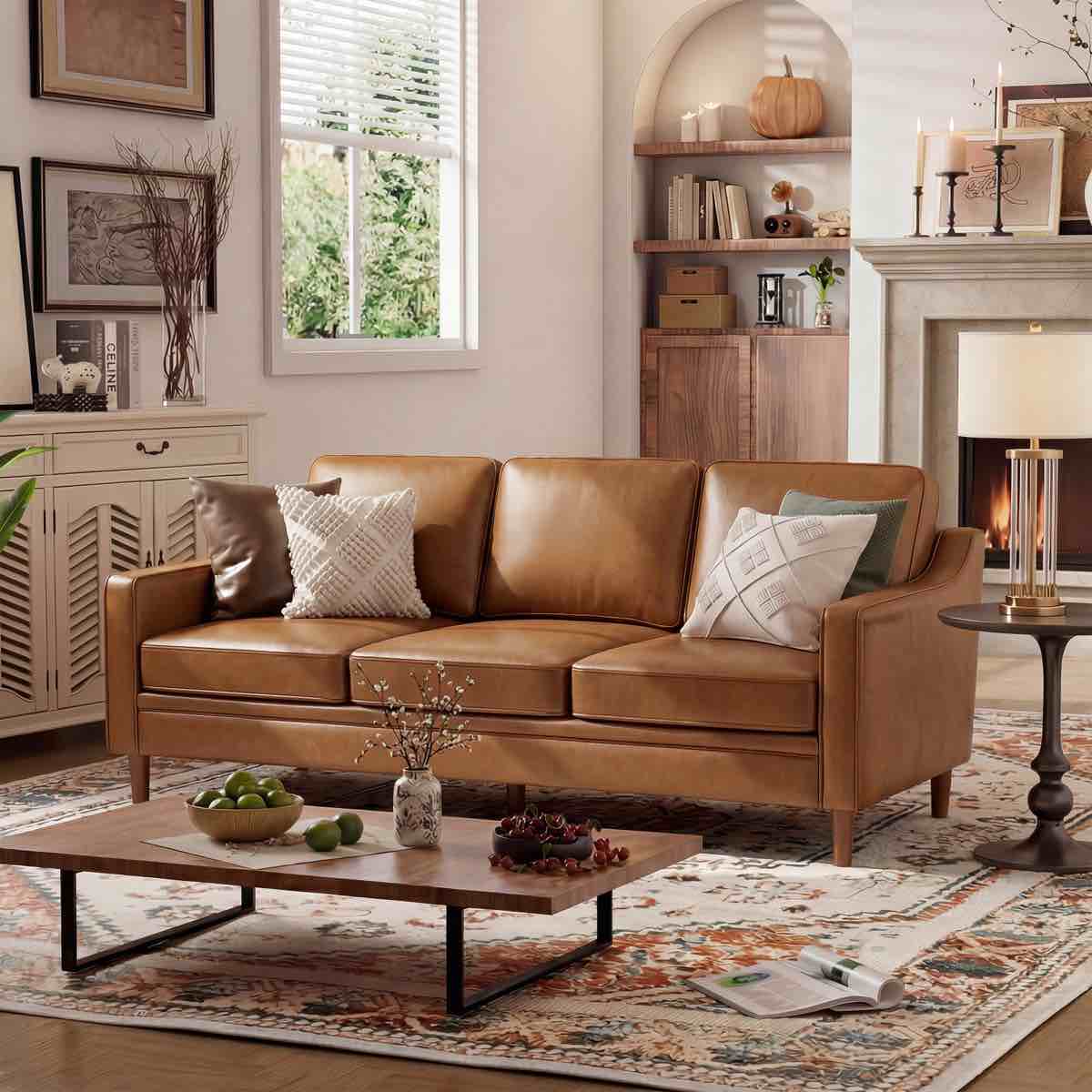 Azriah Vegan Leather Square Arm Camel Brown 3 Seat Sofa with Wooden Feet. 33.07'' H X 80.31'' W X 32.67'' D