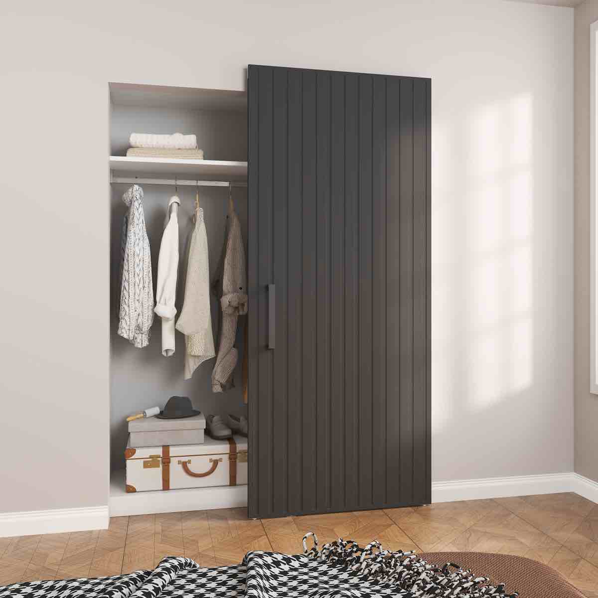 Set of 2 Concealed/Invisible Prefinished/Laminated Black Magic Fluted Sliding Barn Doors. Hardware and Handles sold separately Door Panels only.
