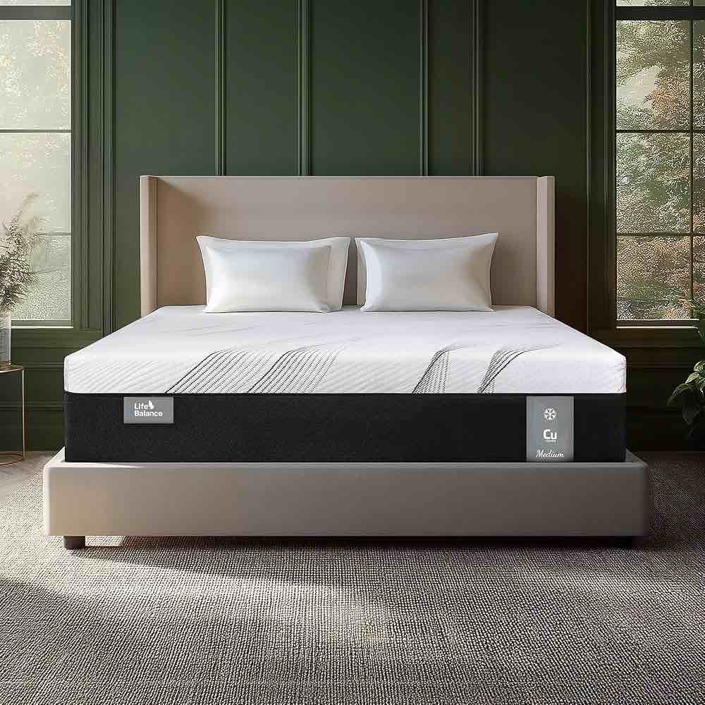 life balance queen hybrid mattress 12 inch, made in usa, medium, copper gel memory foam? hypoallergenic & odorless, motion isolation & pressure relief, mattress in a box