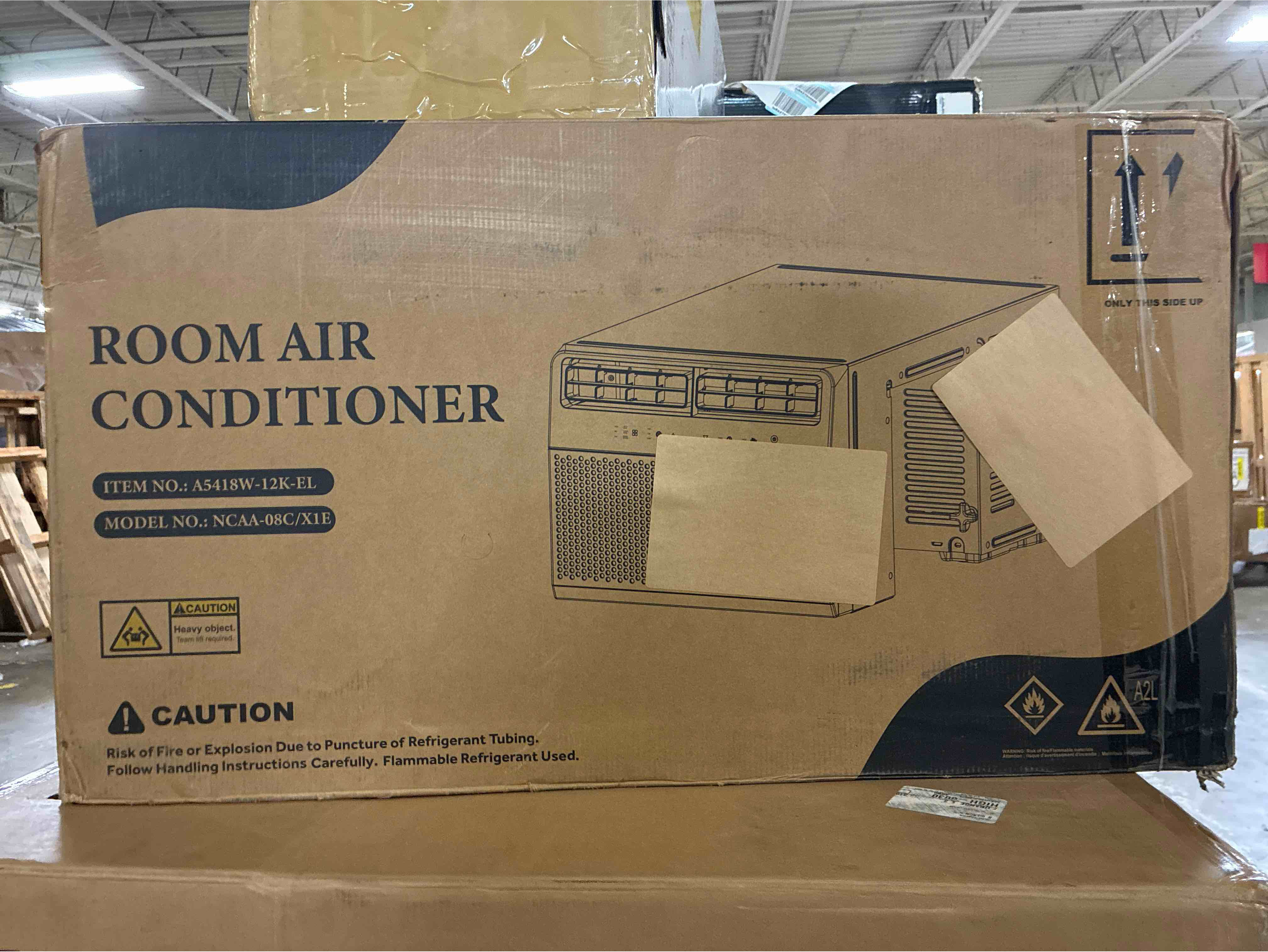 Condition photo showing New/Like New for large room window air conditioner , remote included ( 115-volt , 12000-btu ) (new in box) 15x18.7x28.94”