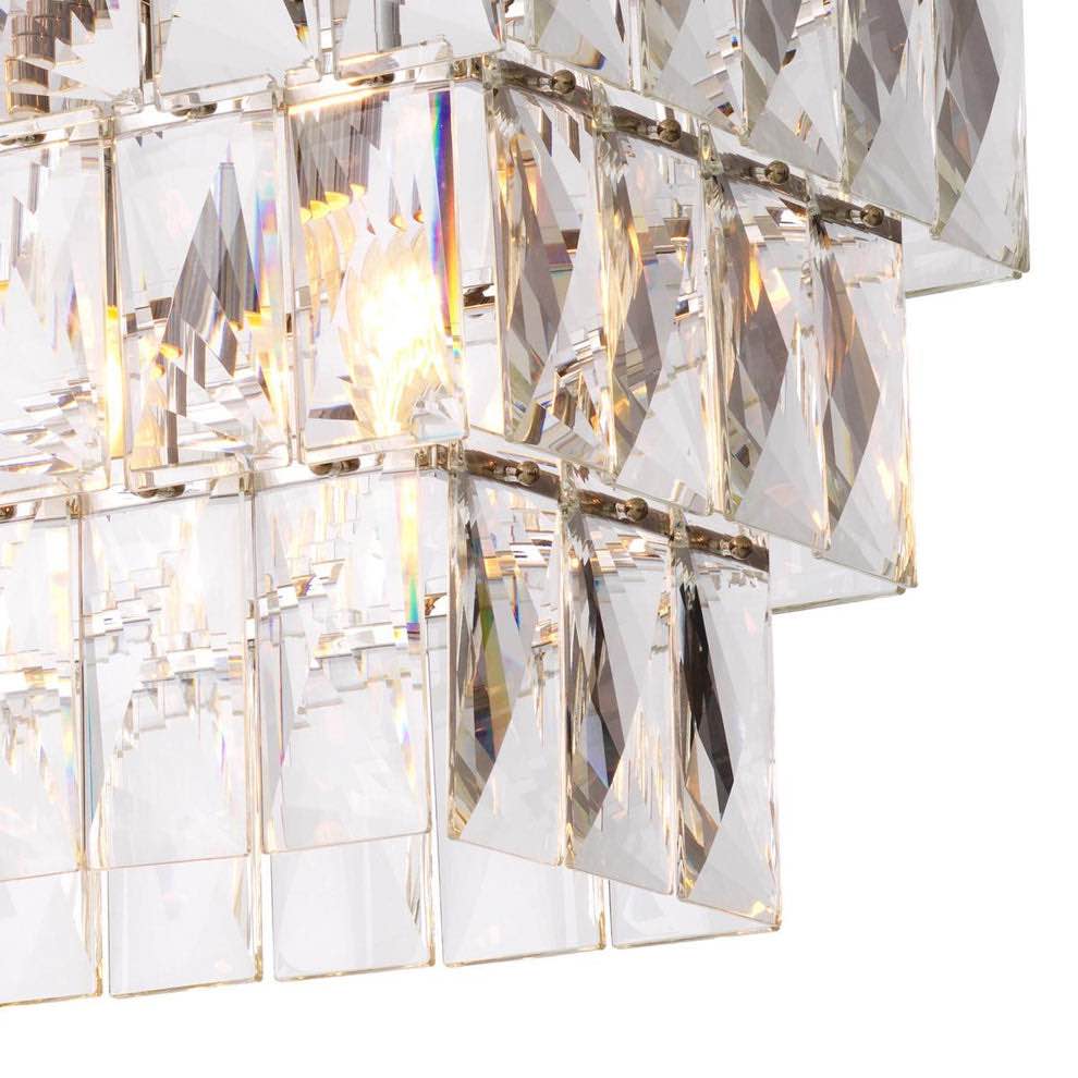 Condition photo showing New/Like New for nickel finished 3 layer wall mounted chandelier amazone rectangular with crystals (new in box) 55.12 w x 16.14 d x 17.91 h