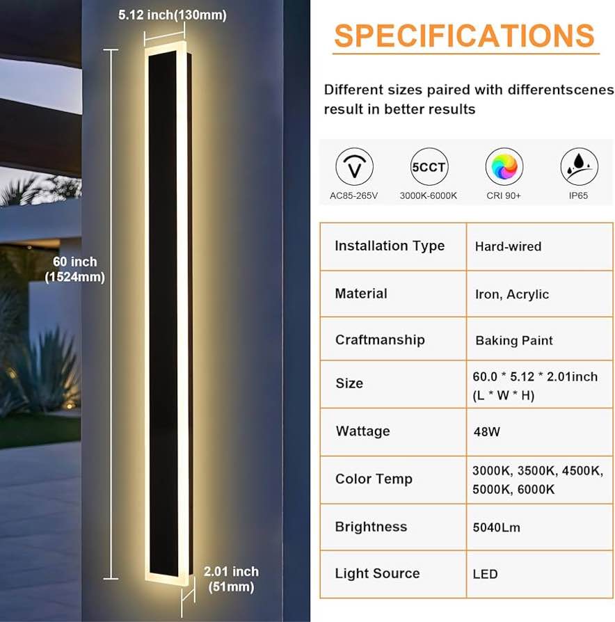 Condition photo showing New/Like New for 2 pack outdoor long wall lights 60in modern exterior led linear wall sconce, black wall-mounted led