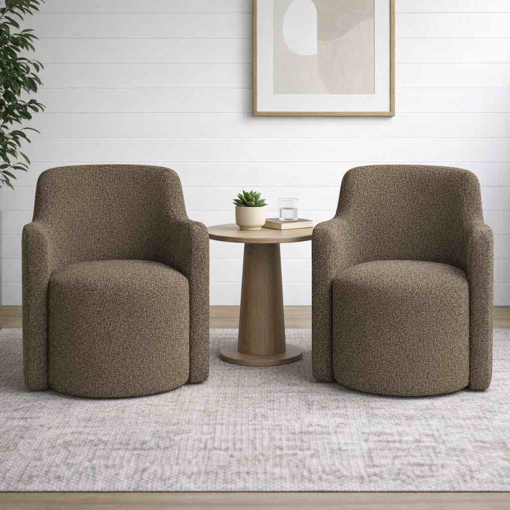 Set of 2 Brentleigh Sand Brown Boucle Upholstered Swivel Armchairs. 32 H X 29.5 W X 33.5 D